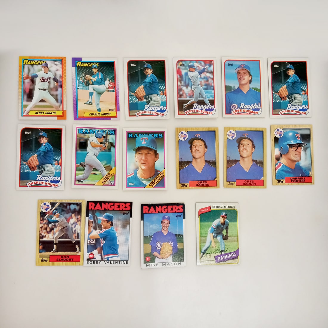 Lot of 16 TOPPS RANGERS 1980, 1986, 1987, 1988, 1989, 1990 baseball cards: Lot of 16 TOPPS RANGERS 1980, 1986, 1987, 1988, 1989, 1990 baseball cards. Condition is from fair to excellent depending on the card. One card has water stain in the corner and few hard have frayed co