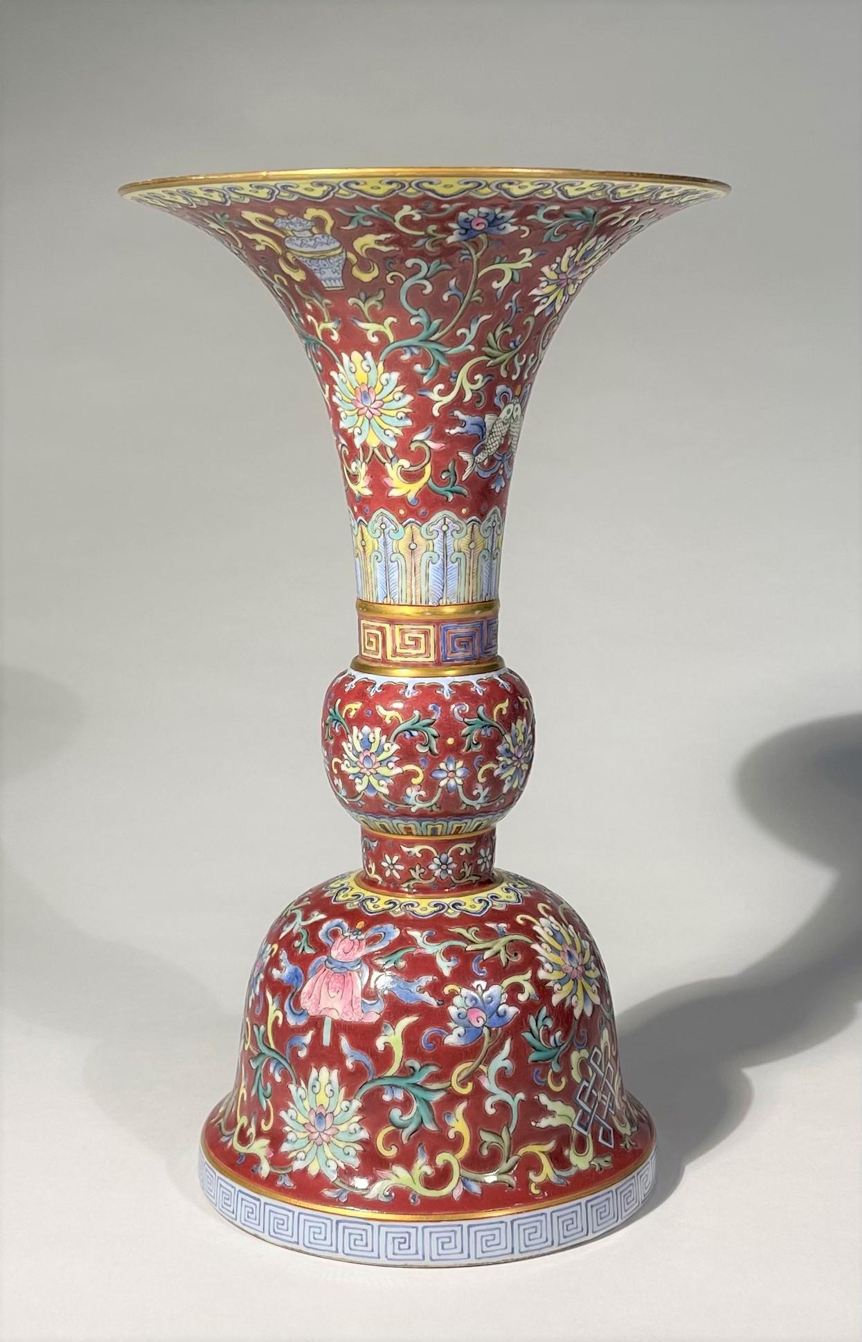 A Red Ground Yangcai Gu Vase Qianlong Mark (1 of 6)