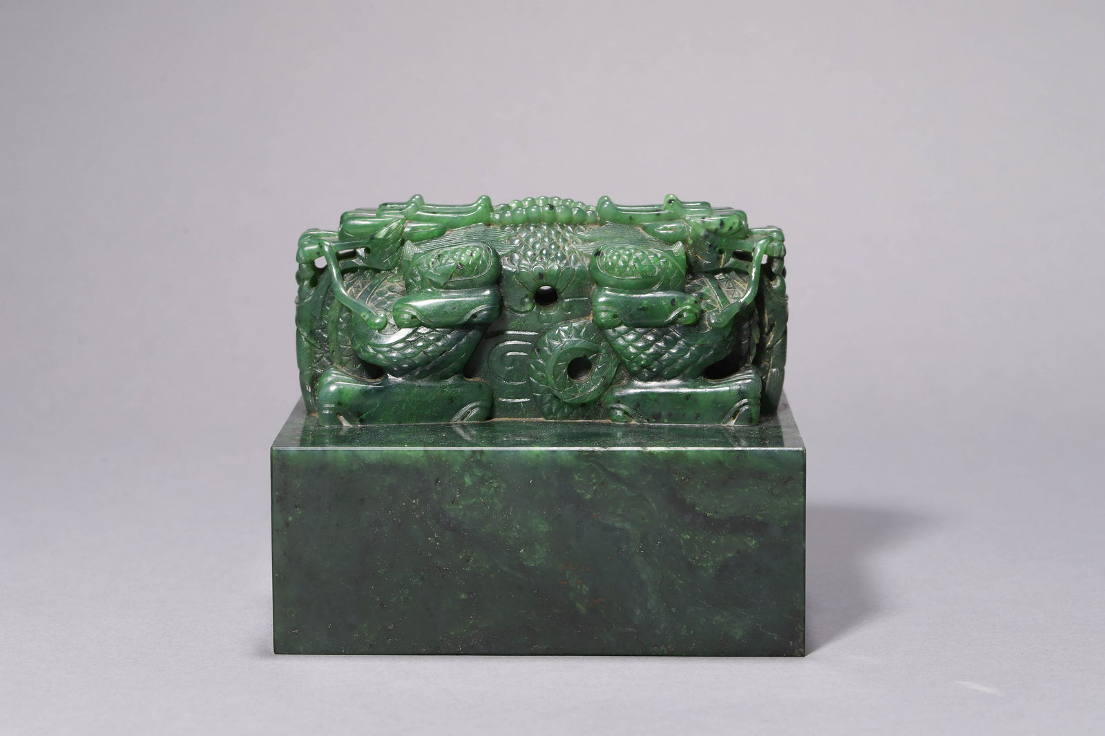 A Large Imperial Spinanch Green Jade Twin-dragon Seal (1 of 4)