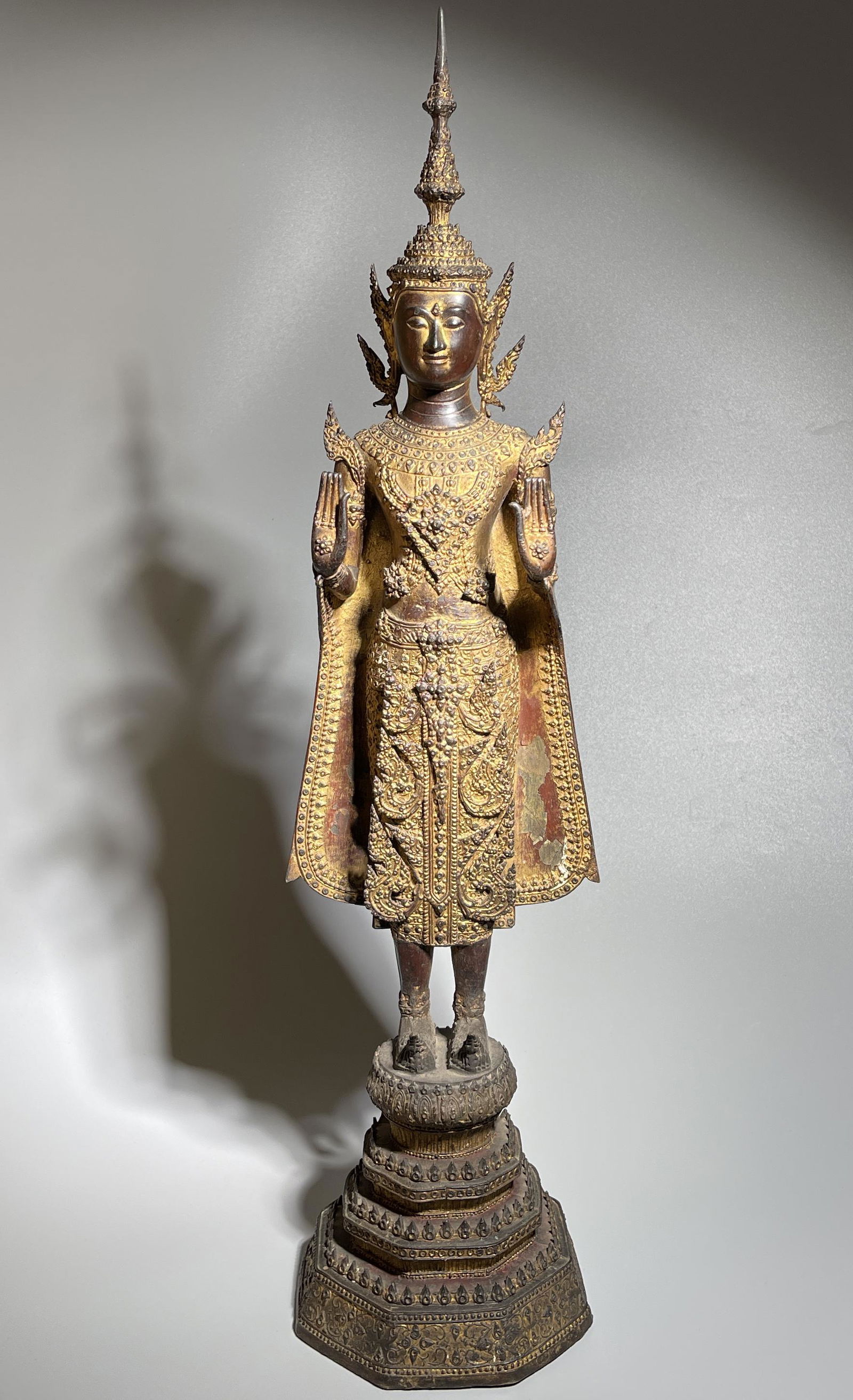 A LARGE THAI GILTED BRONZE STANDING FIGURE OF A BUDDHA 18TH CENTURY (1 of 15)