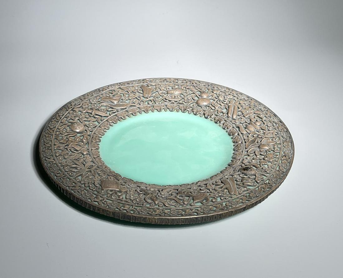 A CARVED GREEN GLASS INLAID SILVER DISH LATE QING DYNASTY (1 of 16)