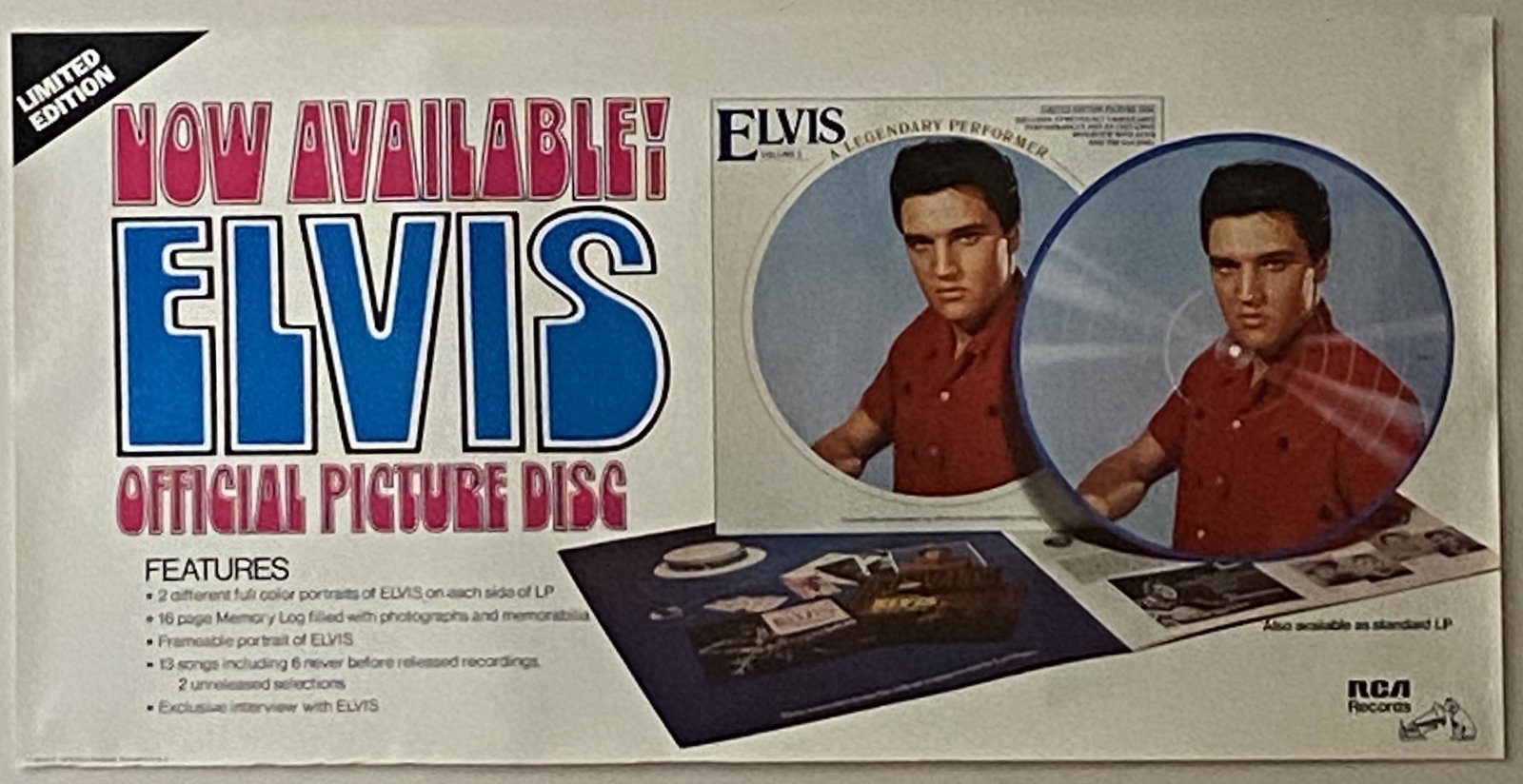 Elvis 1978 Official Picture Disc Promo Poster: Cool banner style Elvis promo poster for the 1978 release of an Elvis Official Picture Disc. This is an original promo poster not a reproduction. Poster is printed on thin poster paper. Features: Grea