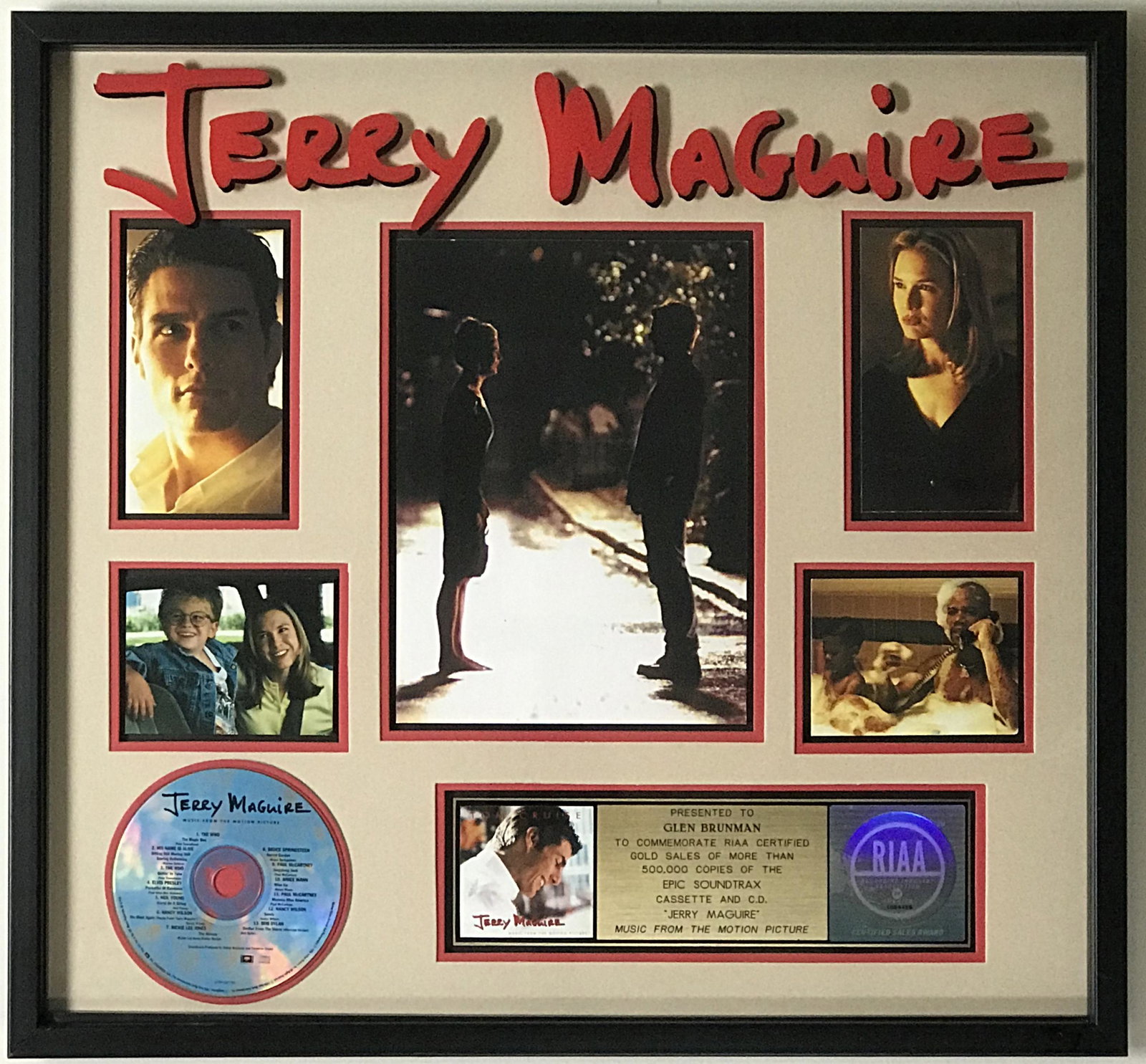 Jerry Maguire Soundtrack RIAA Gold Album Award: RIAA Gold album award for the Jerry Maguire soundtrack.This soundtrack album was released on Nov. 27, 1996 and was certified Gold by the RIAA on June 9, 1997 for 500,000 copies sold. Who hasn't uttere