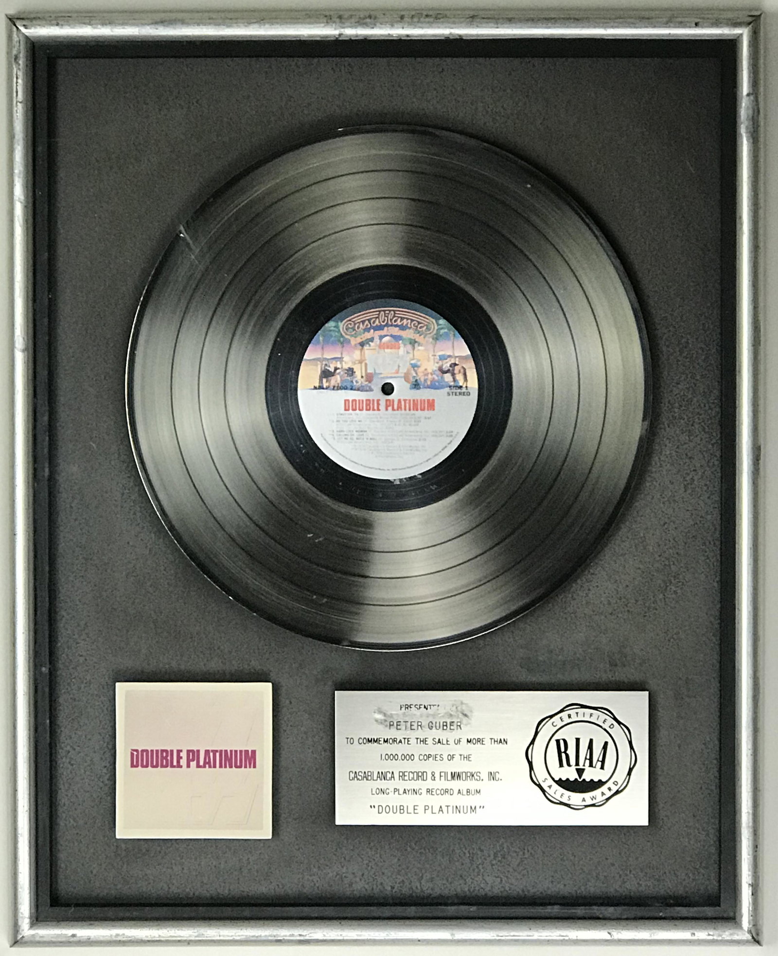 KISS Double Platinum RIAA Platinum LP Award: RIAA Platinum LP award for the KISS album Double Platinum. This was the fire-spewing Detroit group's first greatest hits album, released on April 1, 1978. The album was certified Platinum