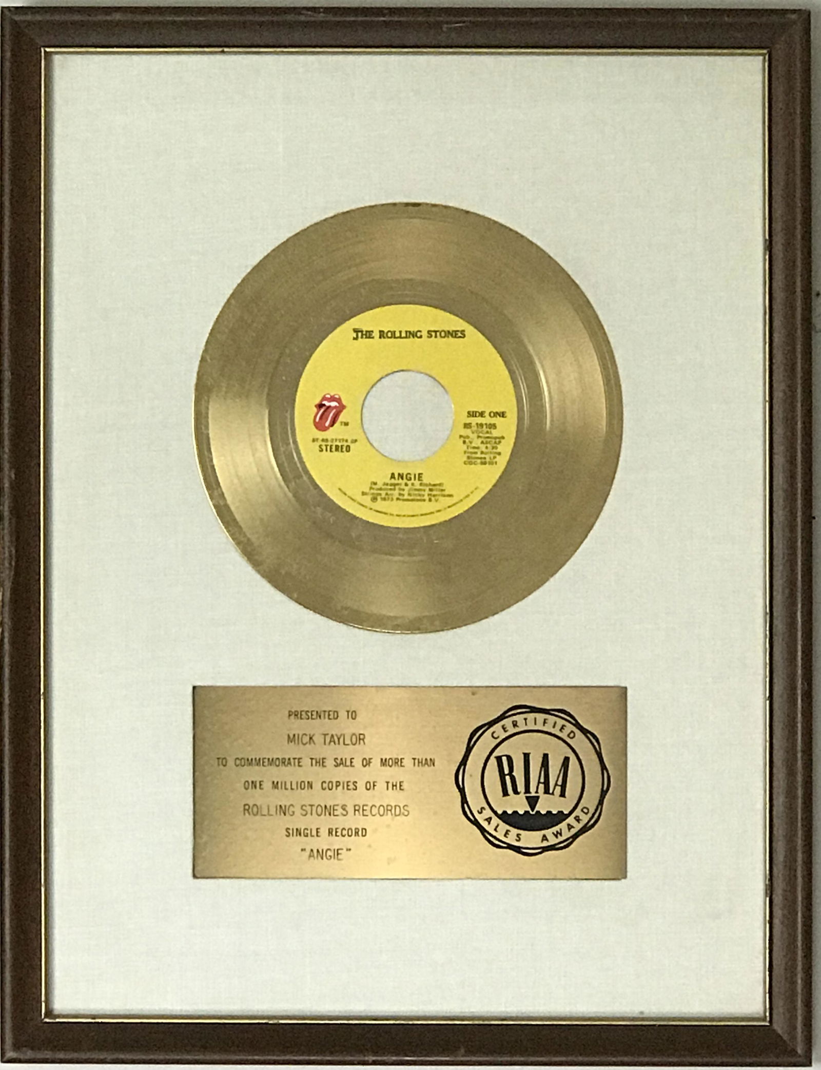 Rolling Stones "Angie" RIAA Gold Award to Mick Taylor (1 of 5)