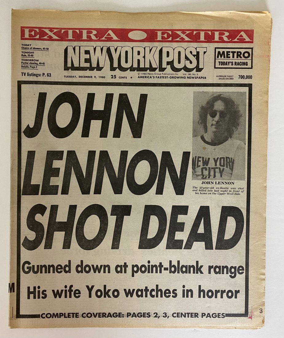 Beatles John Lennon RIP original Dec. 9, 1980 NY Post: Rare original December 9, 1980 New York Post newspaper covering the untimely death of John Lennon of the Beatles. This is the entire original newspaper, not just the cover or a clipping and not a r