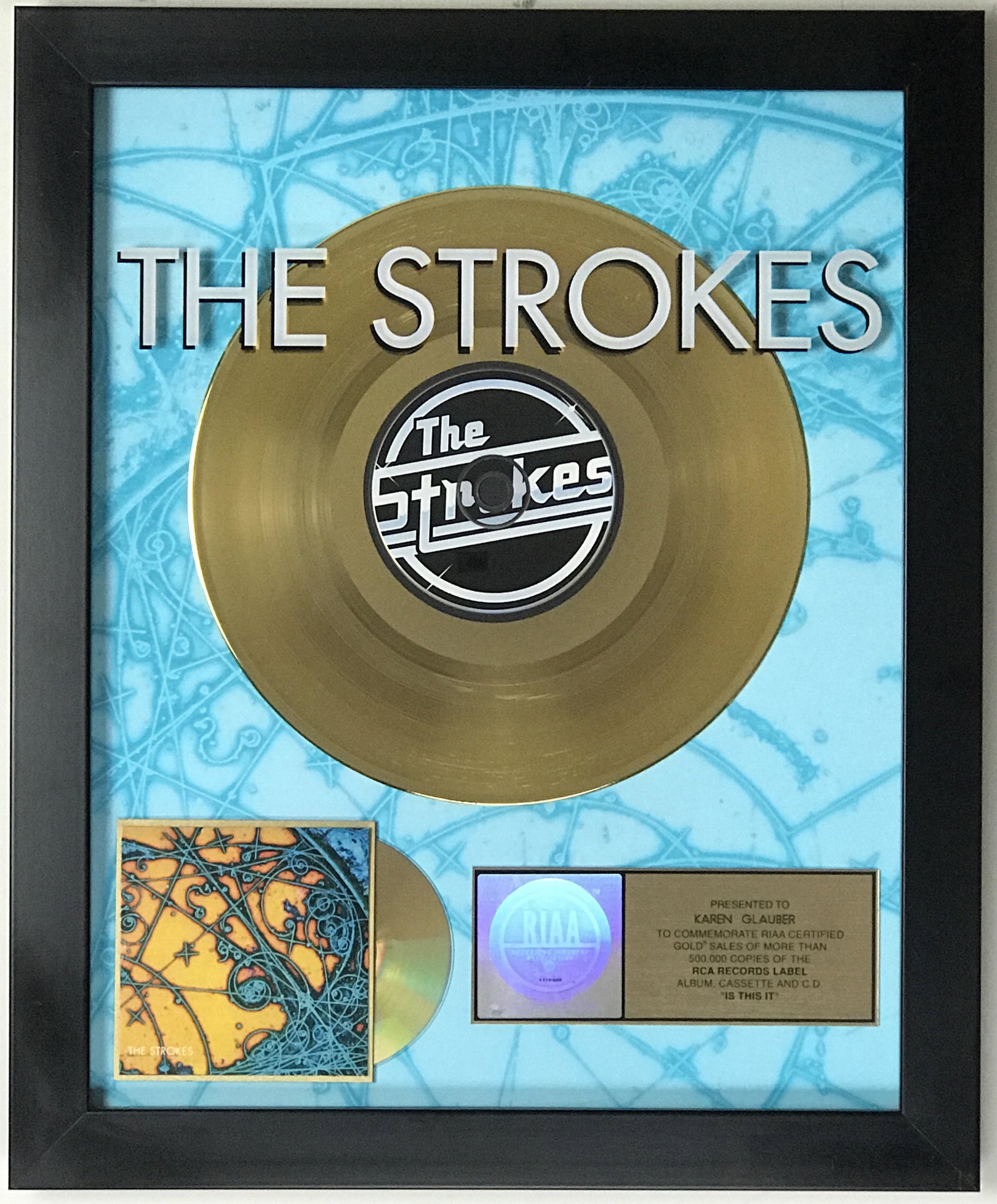 The Strokes Is This It RIAA Gold Album Award: RIAA Gold Album Award for The Strokes debut album Is This It. Released on Oct. 9, 2001, the album went Gold for 500,000 copies sold on Feb. 6, 2002, which this award celebrates. Tracks "Hard to E