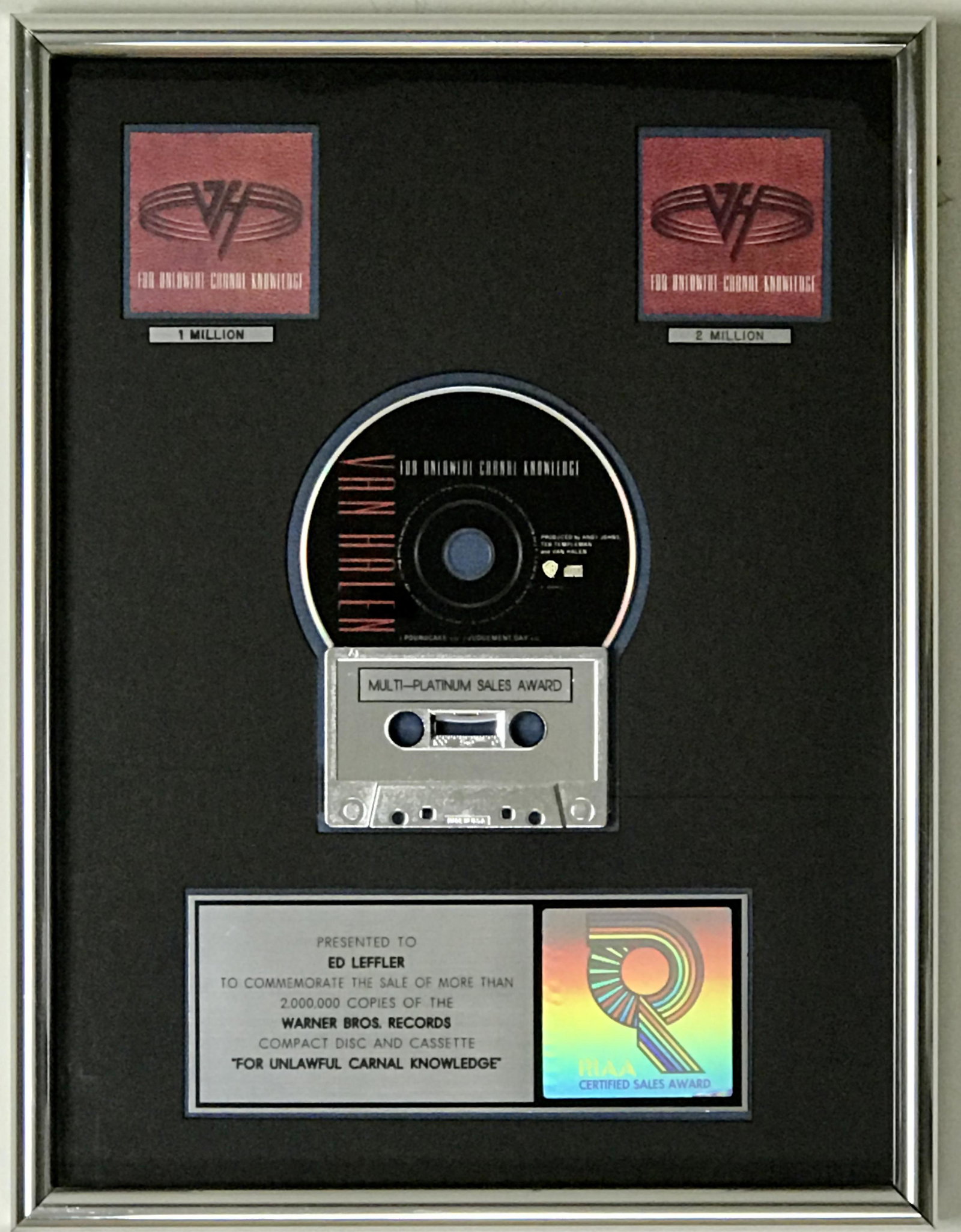 Van Halen For Unlawful Carnal Knowledge RIAA 2x: RIAA 2x Multi-Platinum Album award for Van Halen's For Unlawful Carnal Knowledge. Released on June 17, 1991, the album was certified 2x Multi-Platinum for two million copies sold on Nov. 8, 1