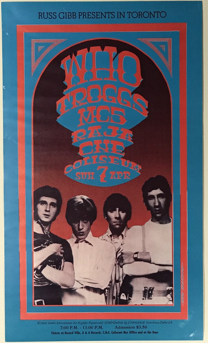 The Who MC5 Troggs 2nd Printing 1968 Concert Poster: The Who concert poster for their April 7, 1968 show that also featured MC5, Troggs and Raja. The show took place at the CNE Coliseum, Toronto, Canada. This is the second printing of this Gary Grimshaw