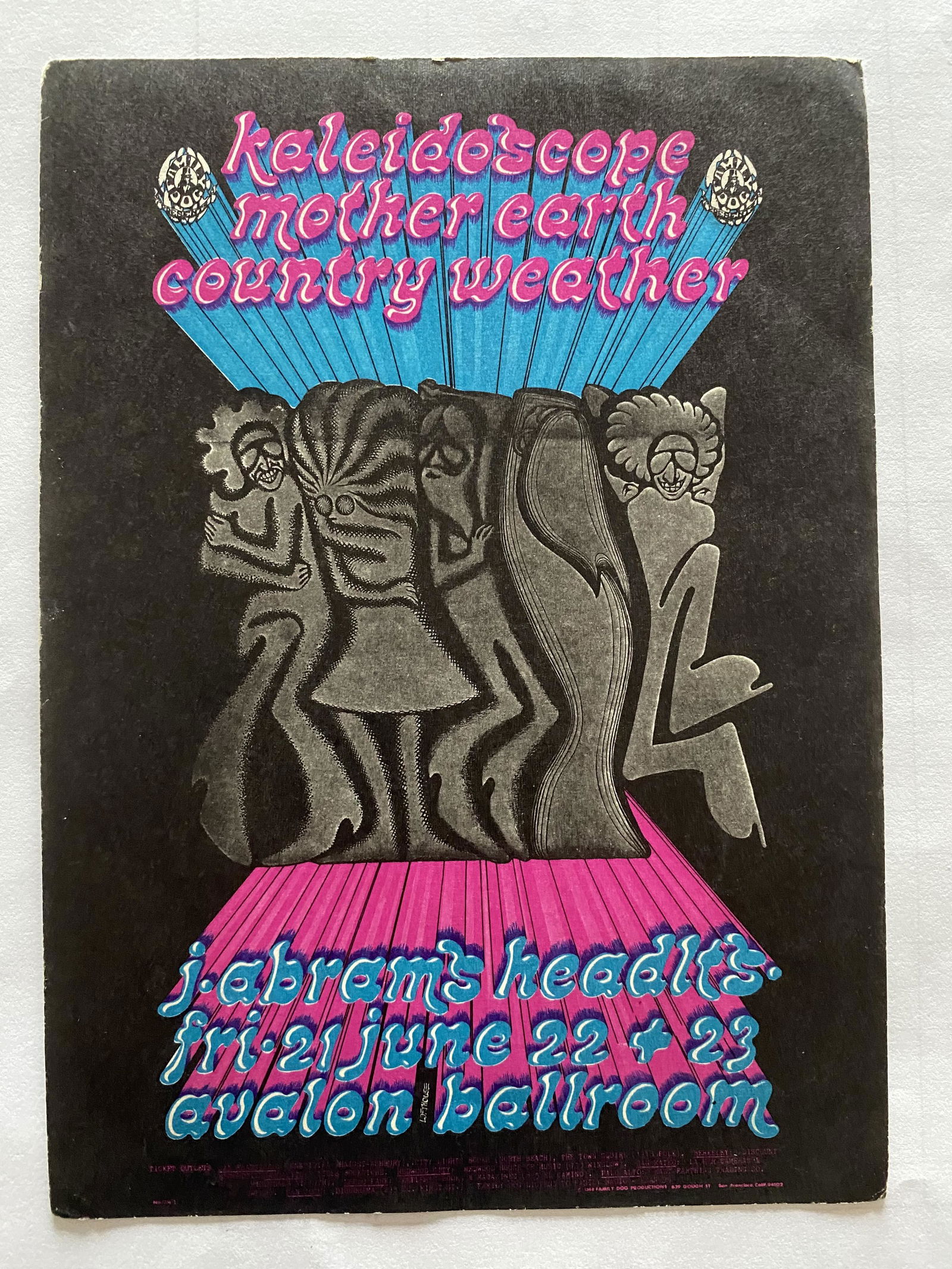 Avalon Ballroom Handbill 6/21-23 1968 FD-124: Handbill features Kaleidoscope, Mother Earth, and Country Weather. This is the postcard/handbill version of the poster. Collectors may refer to it as Type A and has "Place Stamp Here" on the reve
