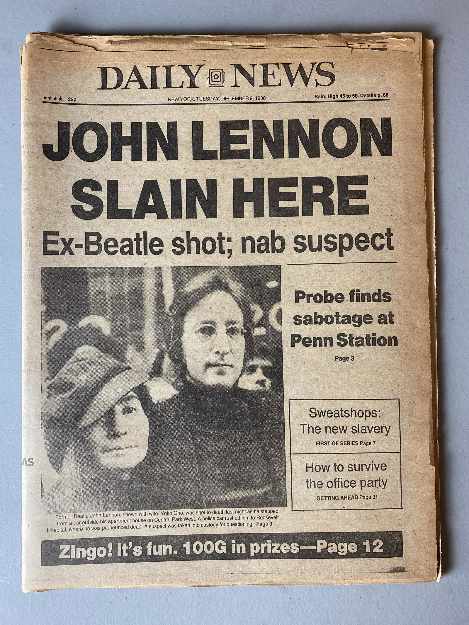 Beatles John Lennon RIP orig. Dec. 9, 1980 NYC paper (1 of 2)
