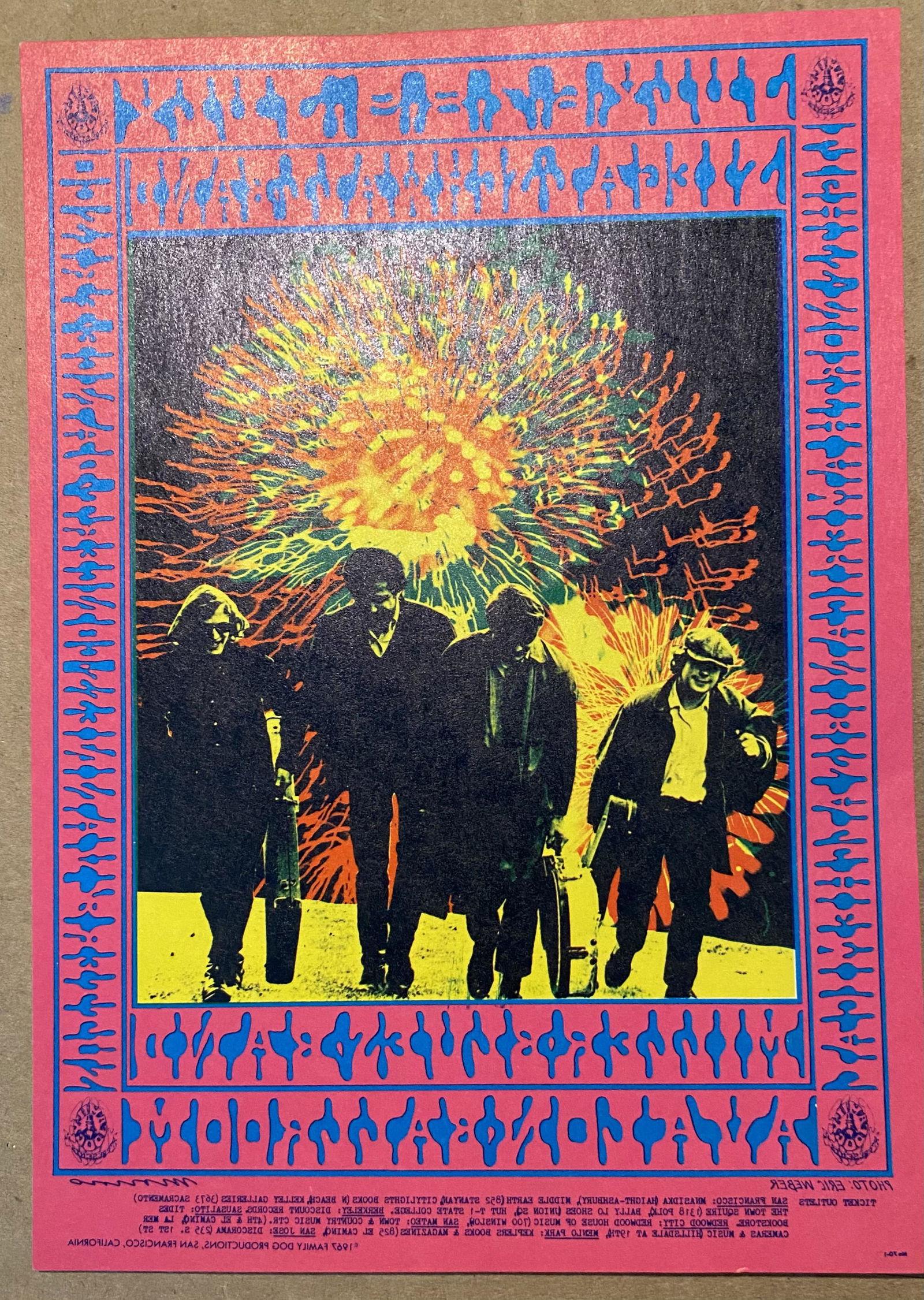 Family Dog FD-70 Handbill 7/6-9 1967: Handbill features Miller Blues Band and Siegal Schwall Band. This is the postcard/handbill version of the poster. Collectors may refer to it as Type A and has "Place Stamp Here" on the reverse. Marked