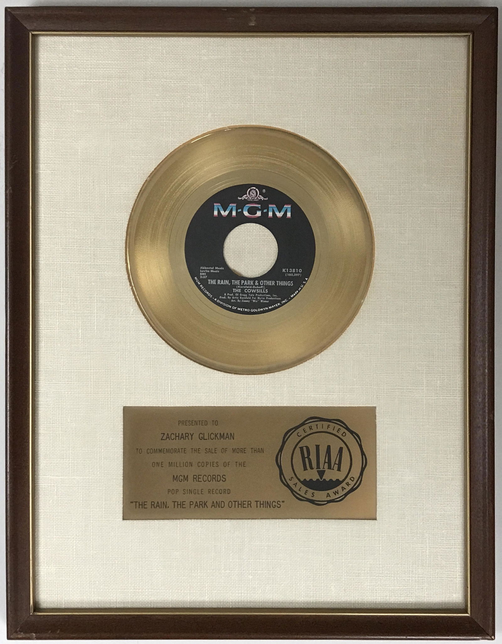 The Cowsills "The Rain, The Park..." RIAA Gold Award - (1 of 8)