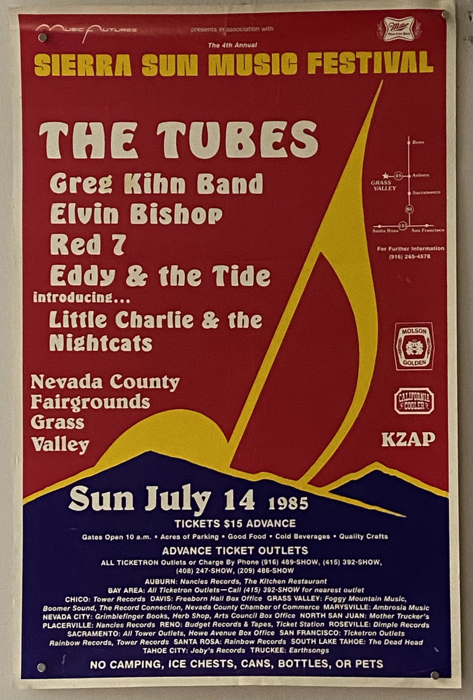 The Tubes 1985 Vintage Poster: Awesome 1985 Sierra Sun Music Festival vintage poster featuring The Tubes, Greg Kihn Band, Elvin Bishop, and more. Poster is printed on thin stock paper and measures 13" x 20". Features: