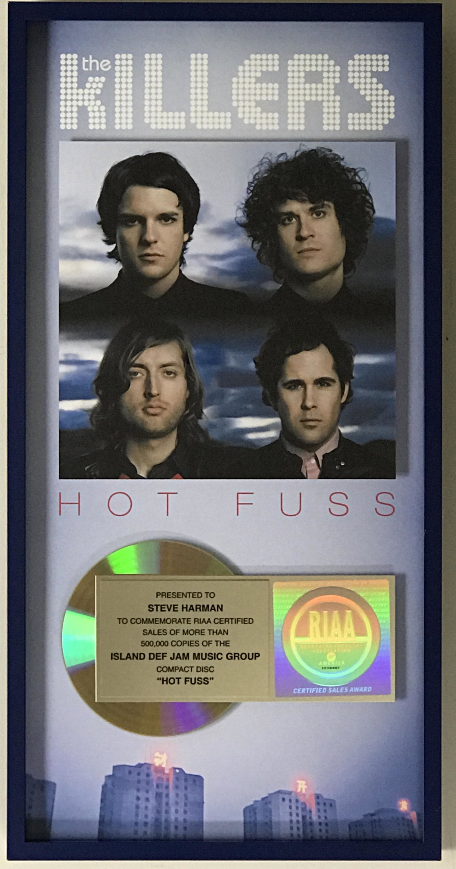 The Killers Hot Fuss RIAA Gold Award: RIAA Gold Award for The Killers debut album Hot Fuss. Released on June 15, 2002 the album was certified Gold by the RIAA on Oct. 4, 2002 for 500,000 copies sold. This award celebrates the very first s