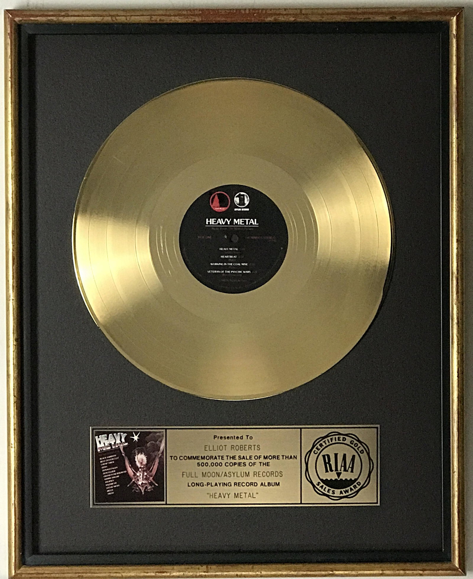 Heavy Metal 1981 Movie Soundtrack RIAA Gold Award: RIAA Gold LP award for the soundtrack from the 1981 movie Heavy Metal. The soundtrack album was released on Jan. 1, 1981. It was certified Gold by the RIAA for 500,000 copies sold on Se