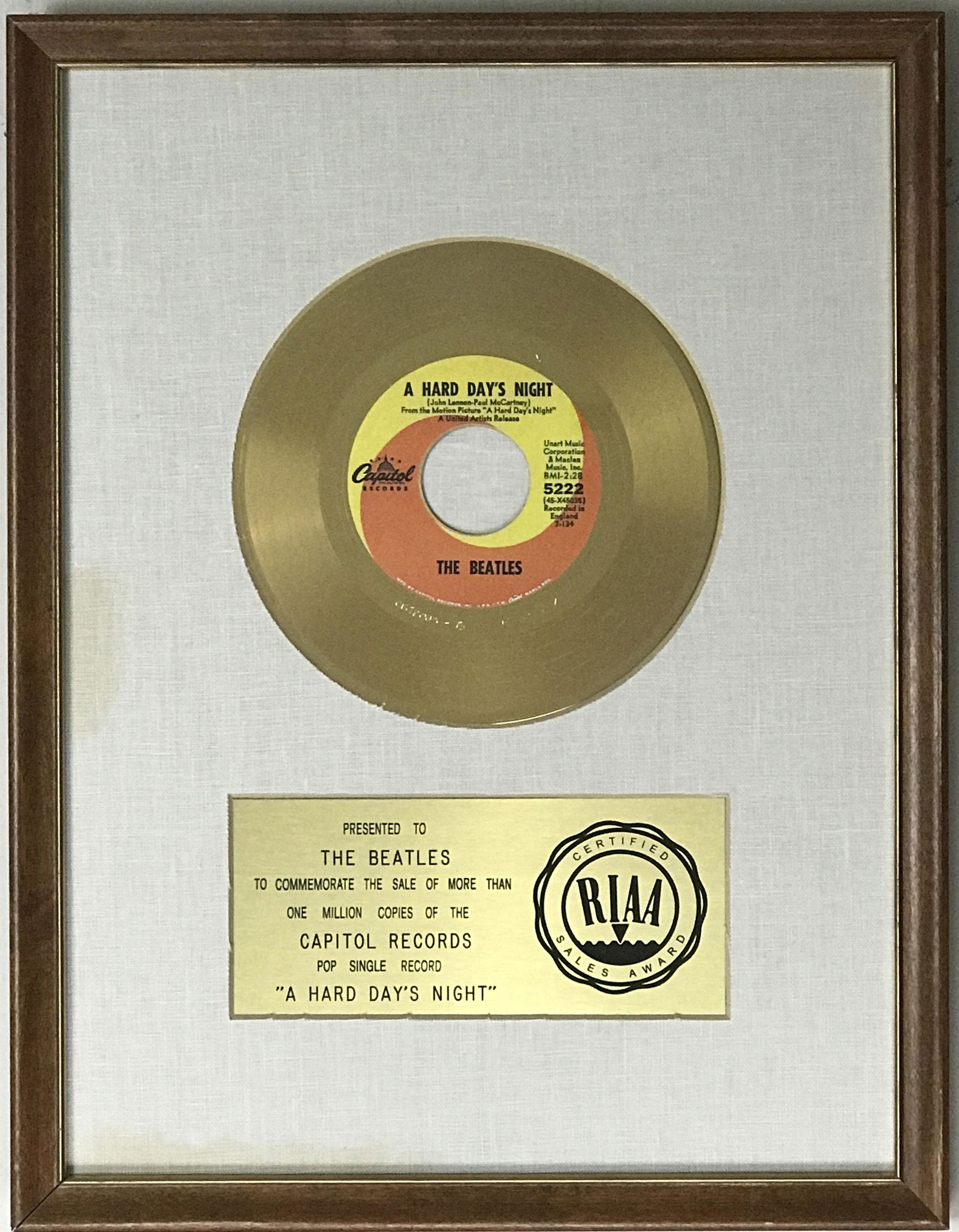 Beatles "A Hard Day's Night" RIAA Gold 45 Award (1 of 5)