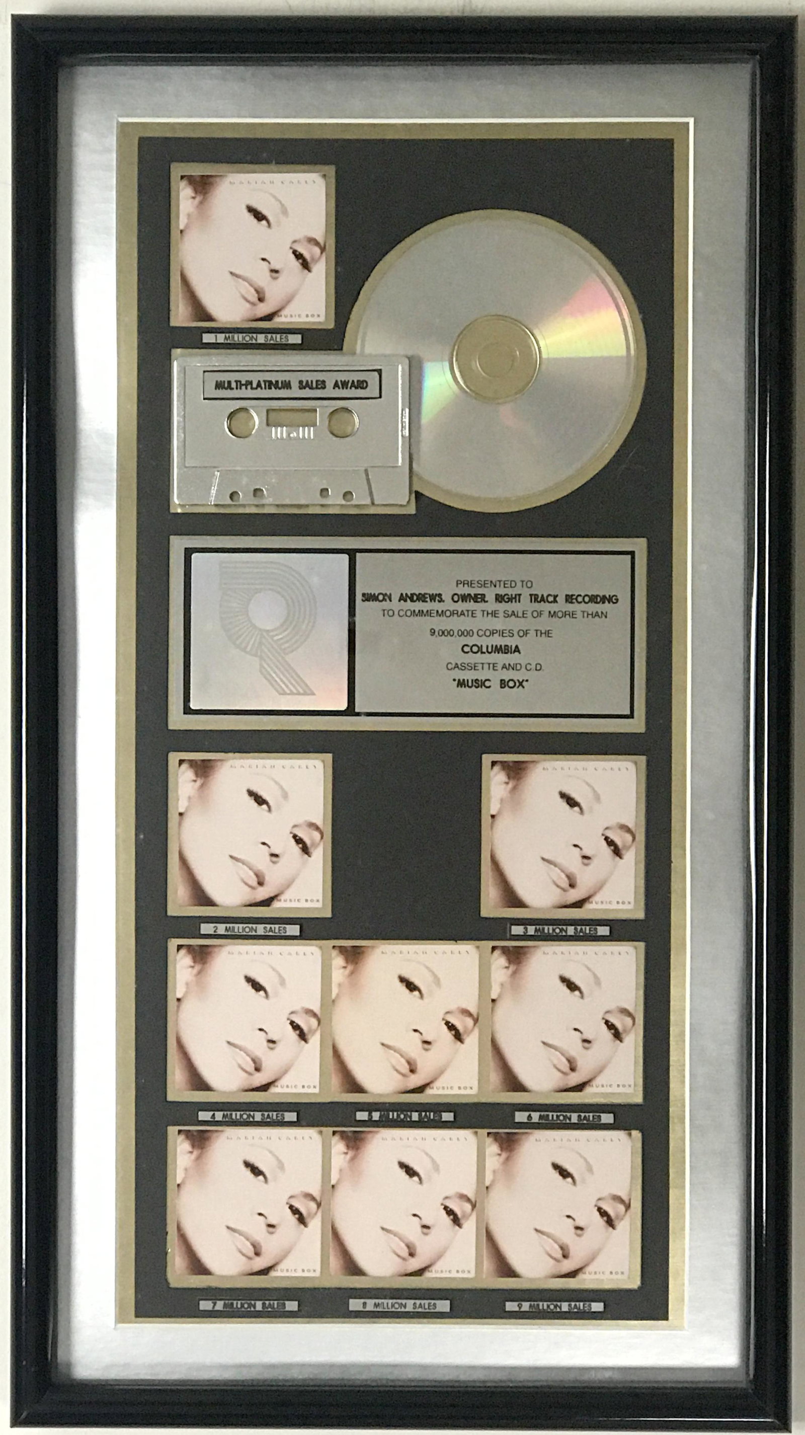 Mariah Carey Music Box RIAA 9x Platinum Award: ï»¿RIAA 9x Multi-Platinum Album Award for Mariah Carey's Music Box album which was released on Aug. 20, 1993. It was certified 9x Multi-Platinum by the RIAA on Jan. 29, 199