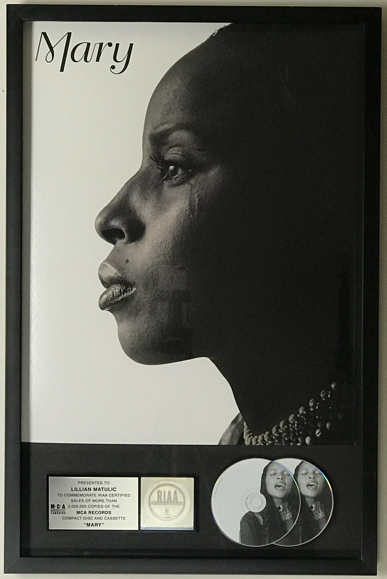 Mary J Blige Mary RIAA 2x Multi-Platinum Award: RIAA 2x Multi-Platinum Award for Mary J. Blige's album Mary. Released on August 17, 1999, by Oct. 18, 2000 the release had been certified 2x Multi-Platinum by the RIAA for two milli