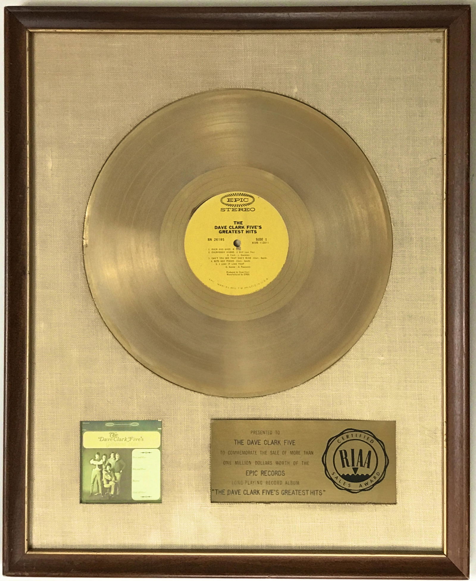The Dave Clark Five Greatest RIAA Gold Award to DC5: RIAA Gold award for The Dave Clark Five's Greatest Hits LP presented to The Dave Clark Five, which was released in 1966 and certified Gold by the RIAA on August 24, 1966 for one million dollars worth