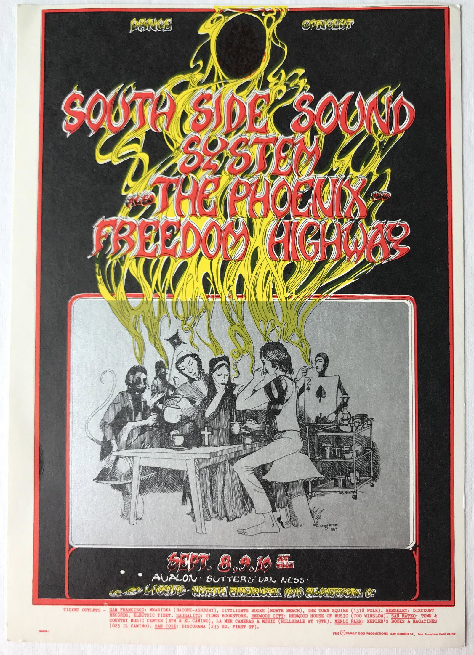 Avalon Ballroom 1967 Handbill FD 80-1: Handbill features Freedom Highway, Phoenix, and South Side Sound System. This is the postcard/handbill version of the poster. Collectors may refer to it as Type A and has "Place Stamp Here" on th