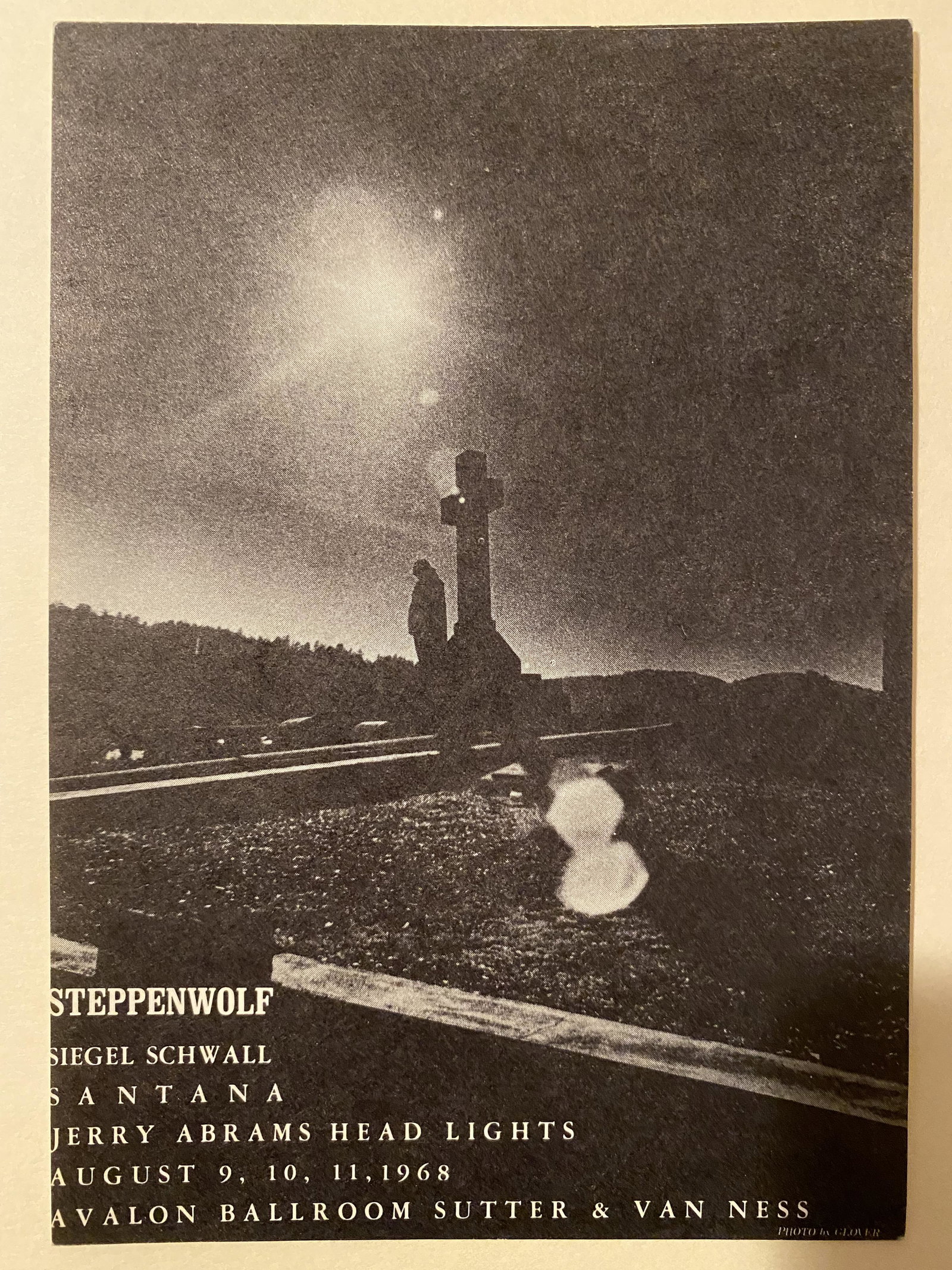 Avalon Ballroom 1968 Handbill FD-132: Handbill features Santana, Seigal Schwall, and Steppenwolf. This is the postcard/handbill version of the poster. It has "Place Stamp Here" on the reverse. The poster and handbill were printe