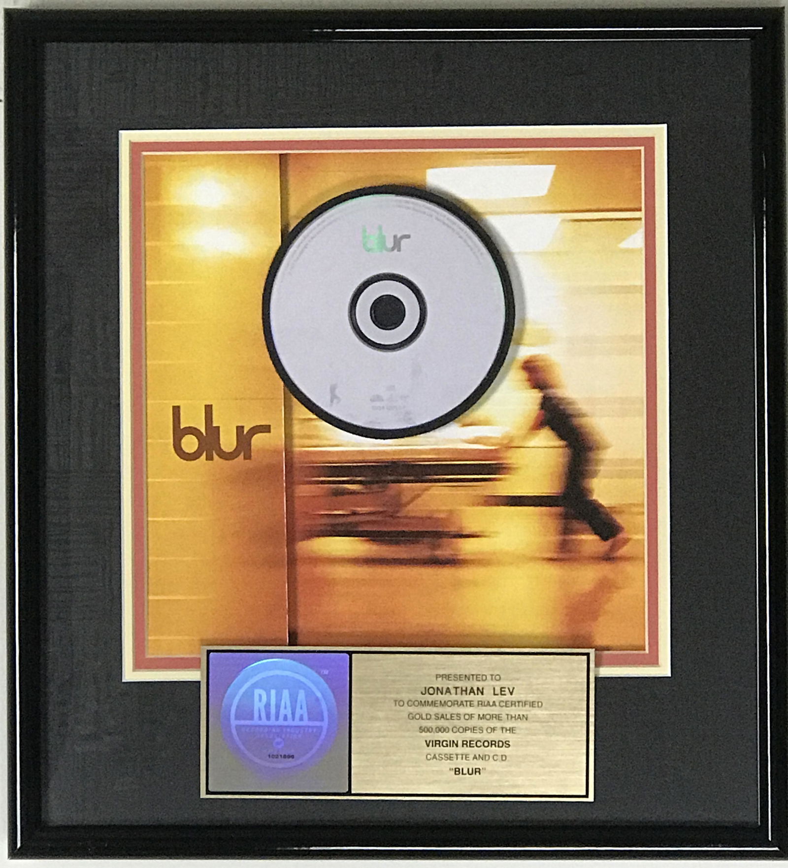 Blur self-titled RIAA Gold Album Award: RIAA Gold Album Award for Blur's self-titled fifth studio album, which was released on March 11, 1997. The release was certified Gold by the RIAA for 500,000 copies sold on Dec. 12, 1997.