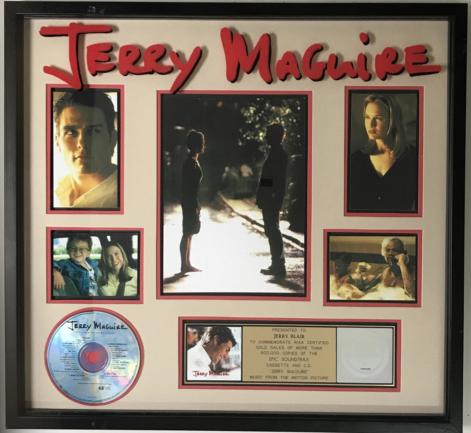 Jerry Maguire Film Soundtrack RIAA Gold Award: RIAA Gold album award for the Jerry Maguire soundtrack.This soundtrack album was released on Nov. 27, 1996 and was certified Gold by the RIAA on June 9, 1997 for 500,000 copies sold. Who hasn't uttere