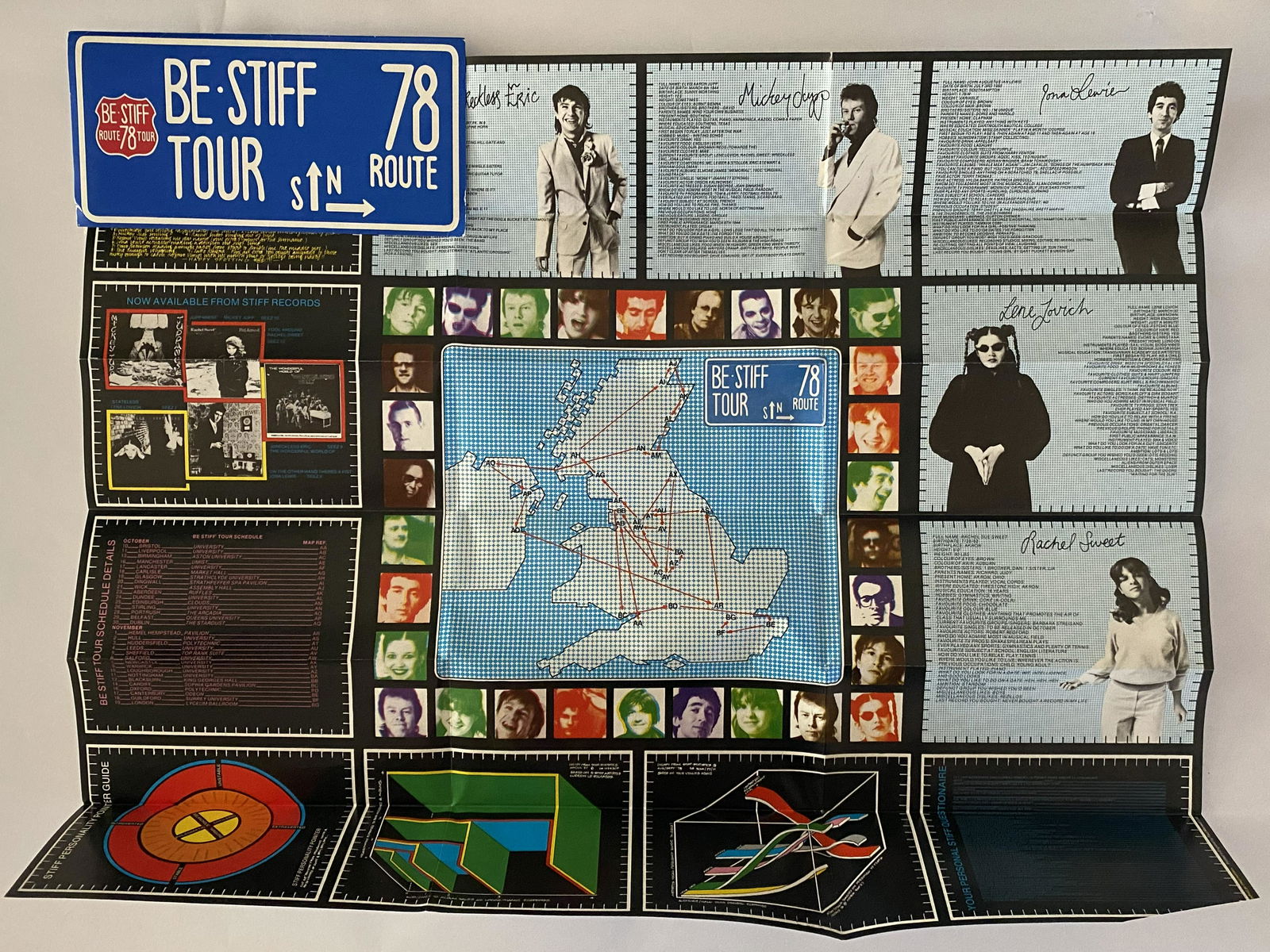 Be Stiff UK Tour 1978 Fold Out Poster: Original 1978 Be Stiff Tour Poster - featuring Wreckless Eric, Jona Lewie, Mickey Jupp, Lena Lovich, Rachel Sweet. UK poster. Original poster. It is in Excellent condition. Poster mea