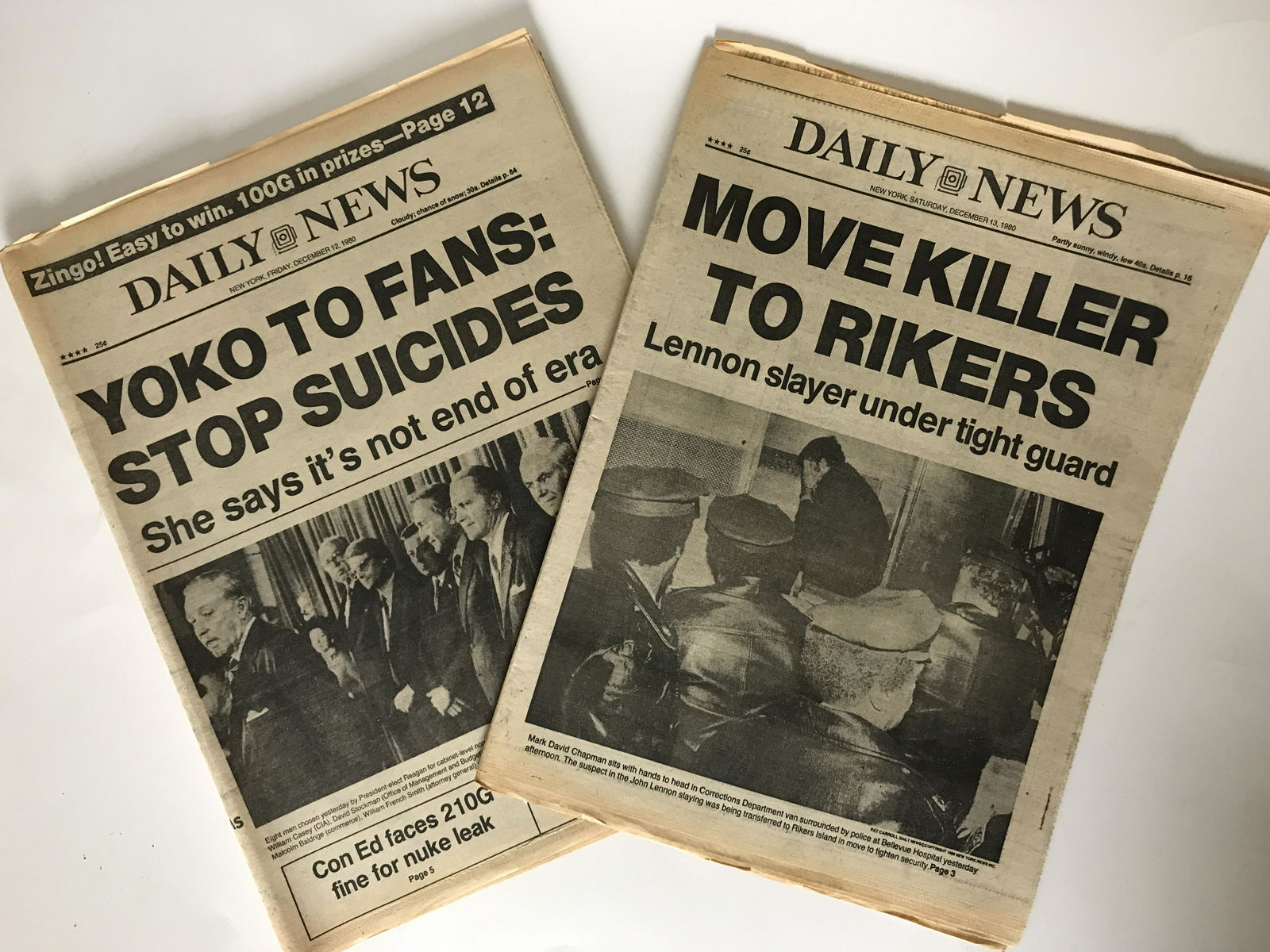 Beatles John Lennon RIP Original '80s Daily News-2: Rare original 1980 New York Daily News newspapers covering the untimely death of John Lennon of the Beatles. These are the entire original section of the newspapers, not just the cover or a clipping a