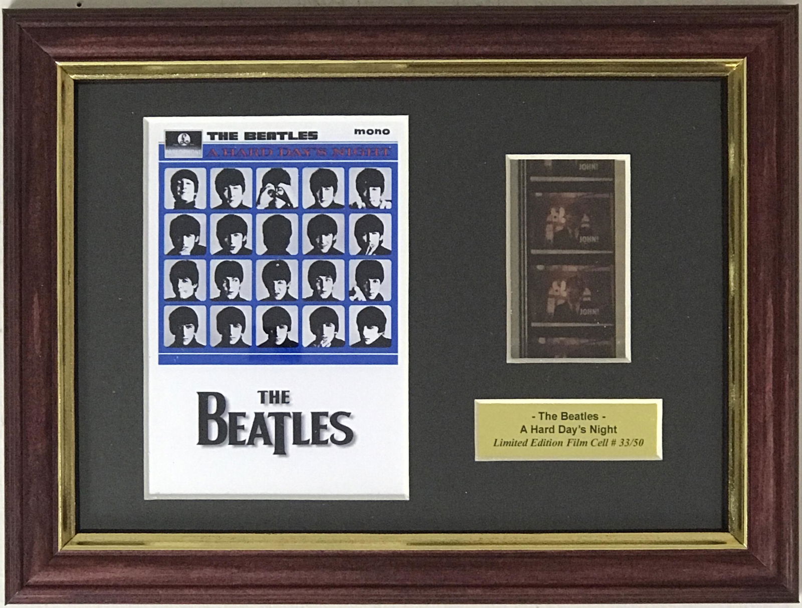 Beatles A Hard Day's Night Film Cel Collage: Unique piece! Beatles A Hard Day's Night genuine film cel, framed in a small collage. Featuring iconic image from the film. Framed in a special open-design floater frame with a clear back and front, t