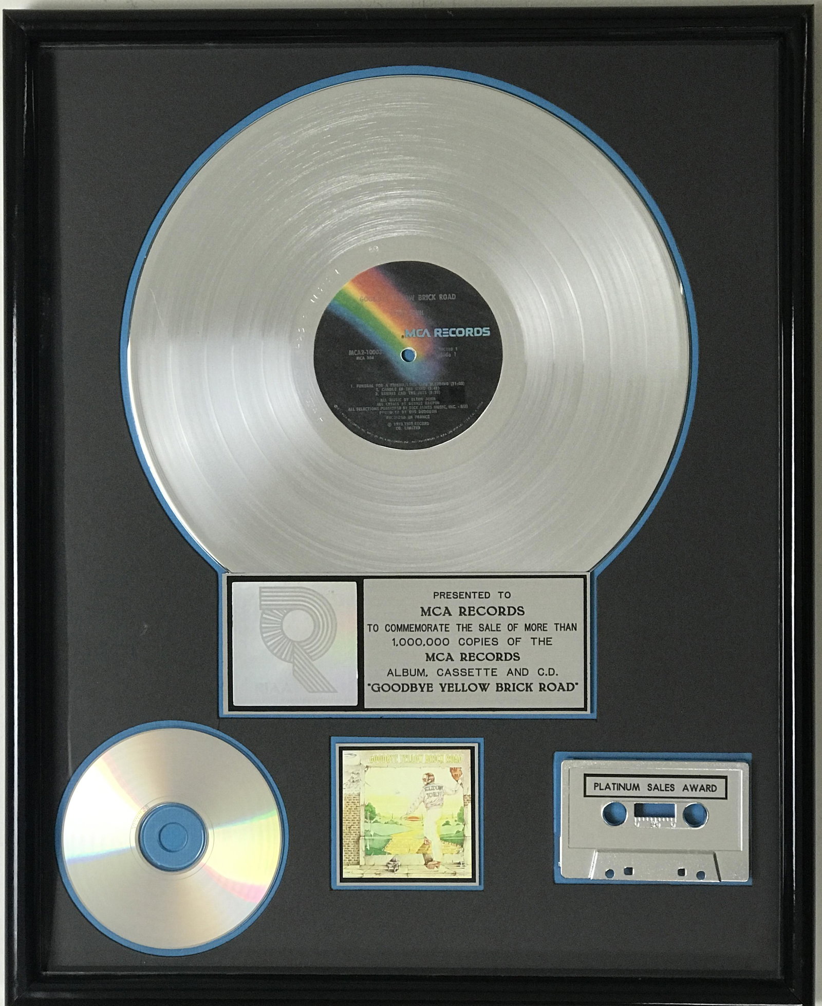Elton John Goodbye Yellow Brick Road RIAA Platinum LP Award: RIAA Platinum LP award for Elton John's Goodbye Yellow Brick Road album. Released on Sept. 23, 1973. The album was released on Oct. 1, 1973 but and very quickly cer