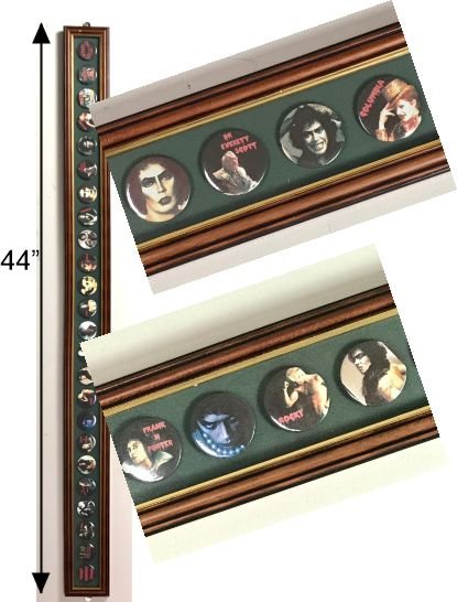 Rocky Horror Vintage Pins Collage: Do "The Time Warp" again with this one-of-a-kind find for any Rocky Horror Picture Show memorabilia collector or fan. This unique tall and narrow shadow box collage contains a nice array of collectibl