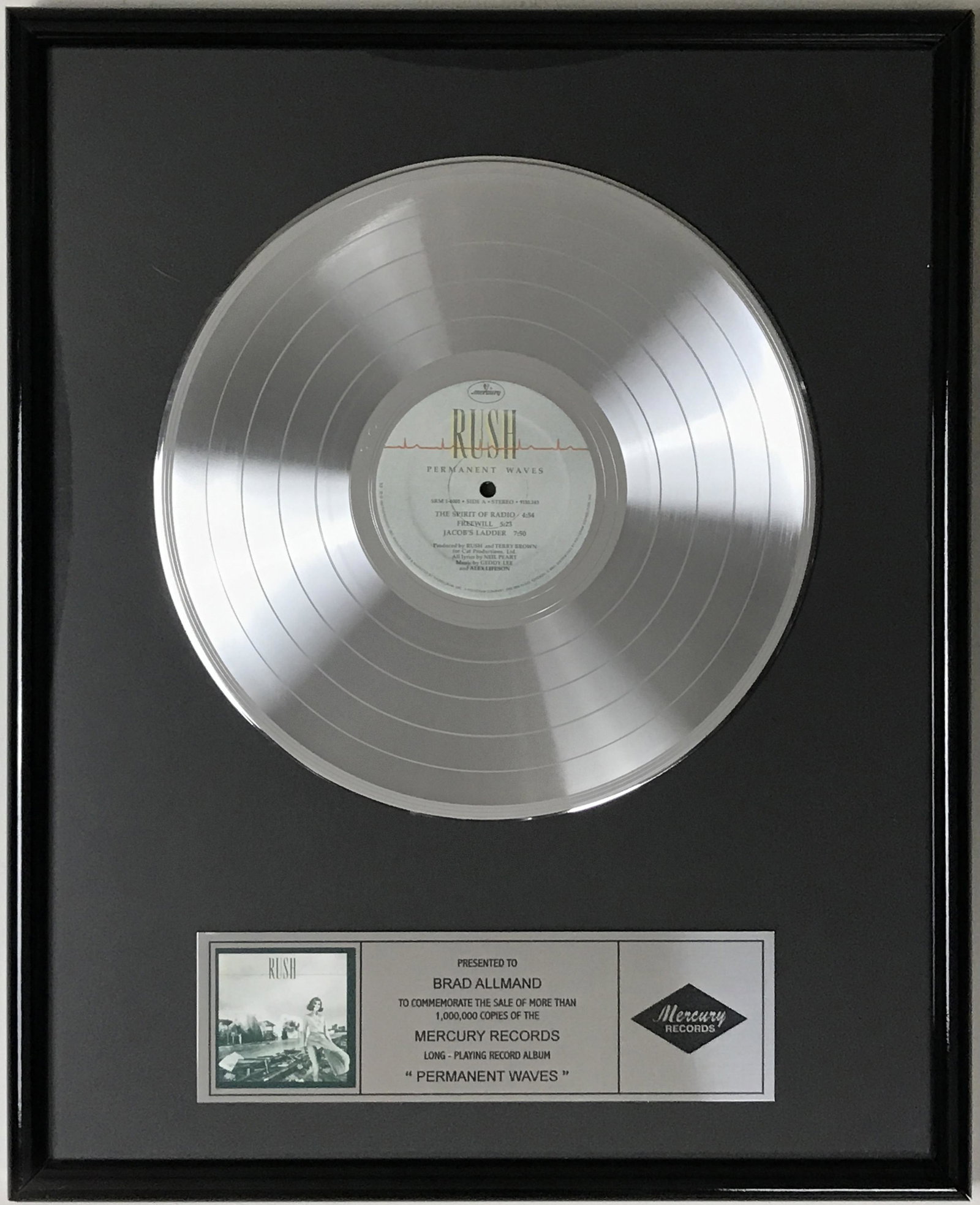 Rush Permanent Waves Mercury Records Label Award: Rush Permanent Waves Mercury Records Label Award. Released on Jan. 14, 1980, the album was in fact certified Platinum by the RIAA on Nov. 10, 1982 for one million copies sold. Note: This is not an RIA