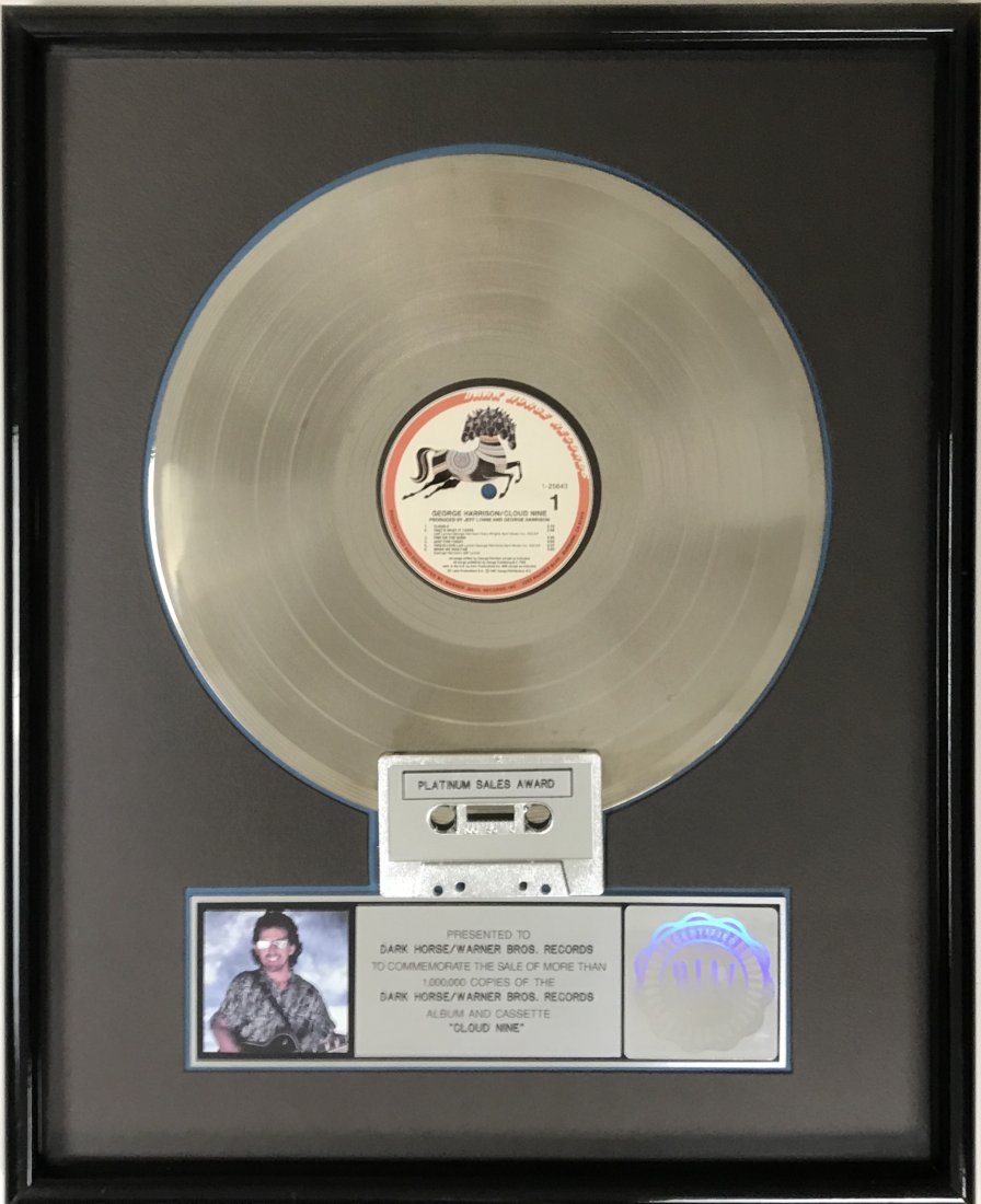 Beatles George Harrison Cloud 9 RIAA Platinum LP Award: RIAA Platinum LP award for George Harrison album Cloud Nine. Released on Nov. 3, 1987 the album was certified Platinum by the RIAA on Jan. 12, 1988 for one million copies sold*. The former Beatle's l