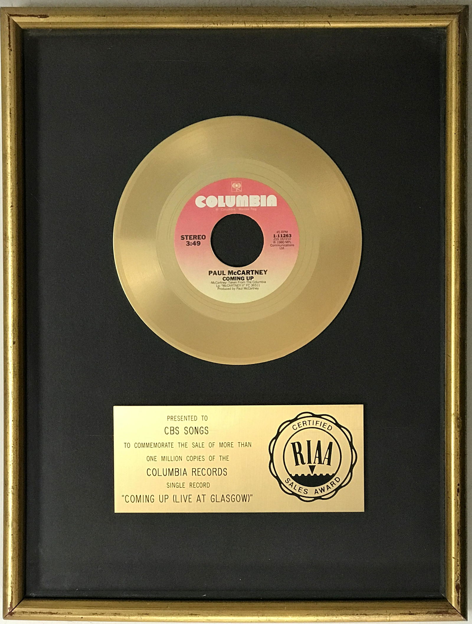 Beatles Paul McCartney "Coming Up" RIAA Gold Single Award (1 of 5)