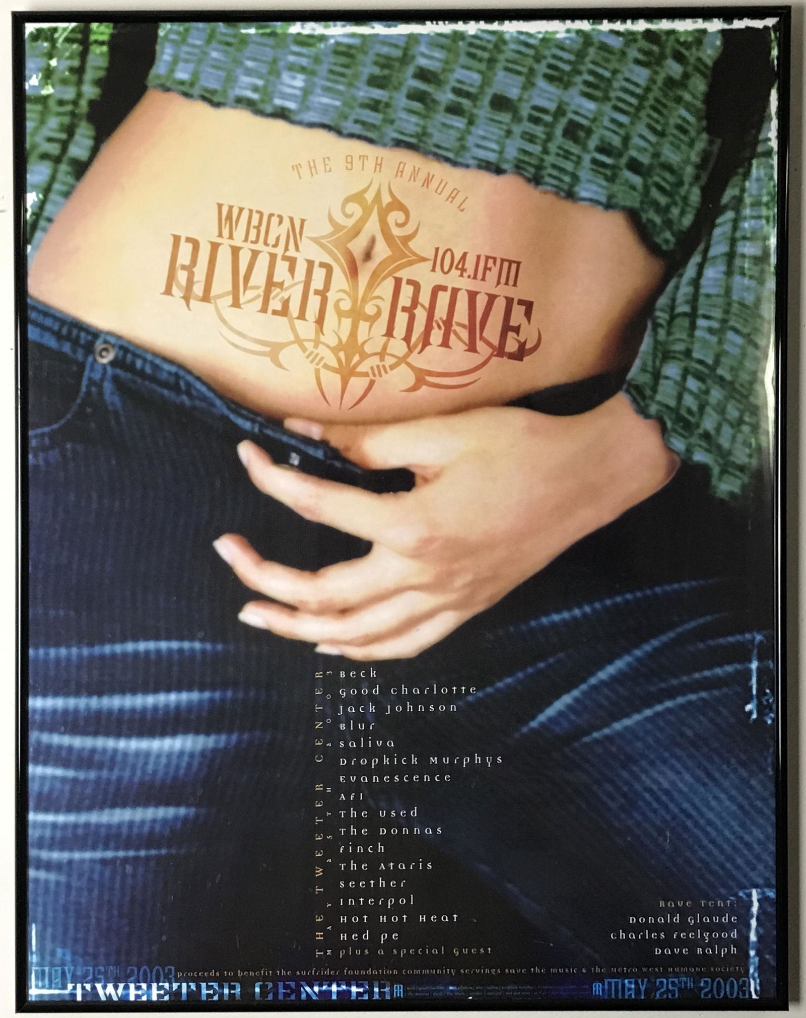 Beck, Blur etc. River Rave 2003 Concert Festival Poster: River Rave May 25, 2003 Concert Festival Poster, which took place at the Tweeter Center in Mansfield, Massachusetts. Beck, Dropkick Murphys, Good Charlotte, Jack Johnson, Interpol, Blur etc. were