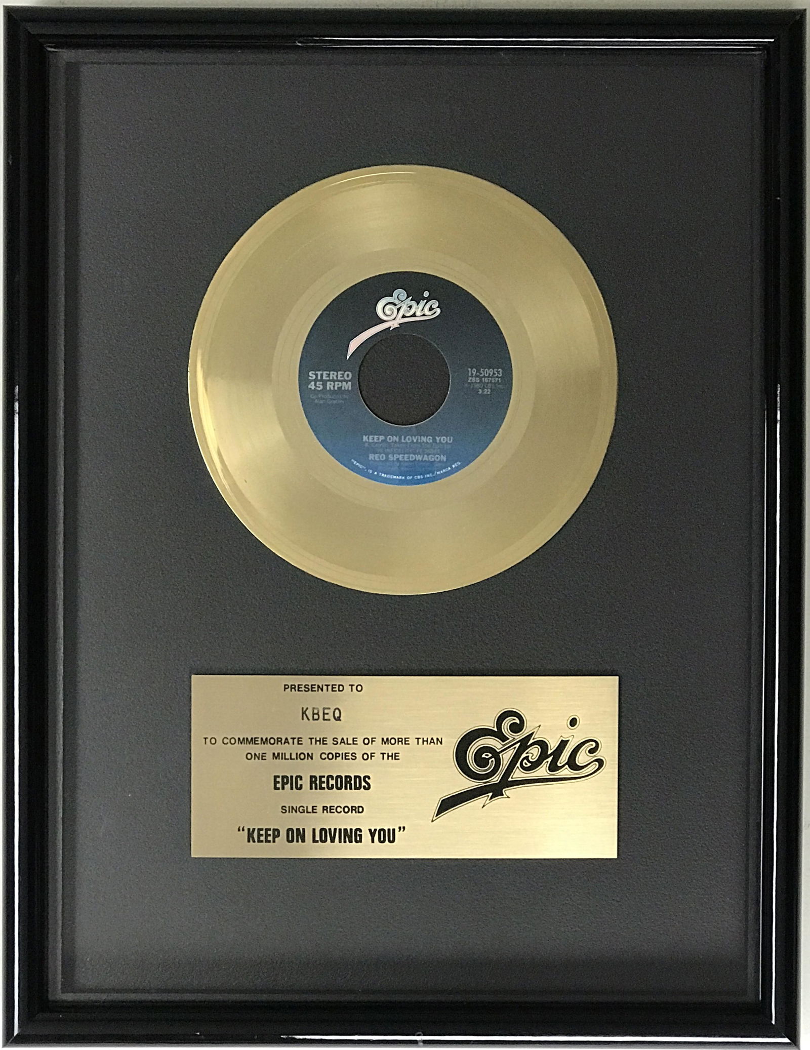 R.E.O. Speedwagon "Keep On Lovin' You" Epic label 45 award (1 of 5)