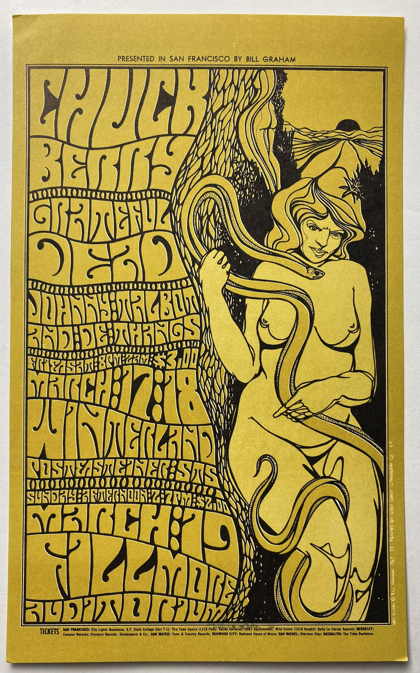 Chuck Berry Creative Litho Reprint Handbill BG-55: Handbill features Chuck Berry, Grateful Dead, and Johnny Talbot and De Thangs. This is the postcard/handbill version of the poster. Handbill has "Place Stamp Here" on the reverse and the Creative Lith