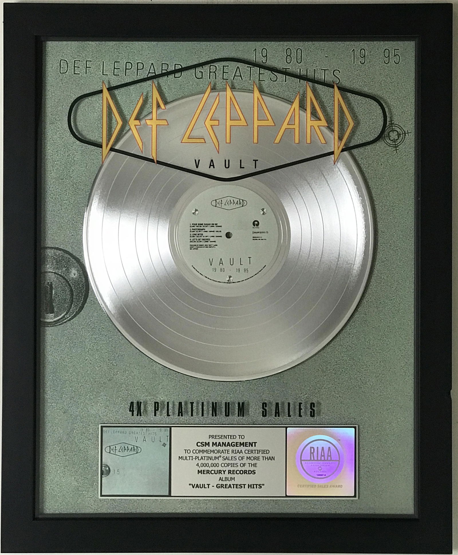 Def Leppard Vault Greatest 1980-95 RIAA 4x Platinum LP Award (1 of 7)