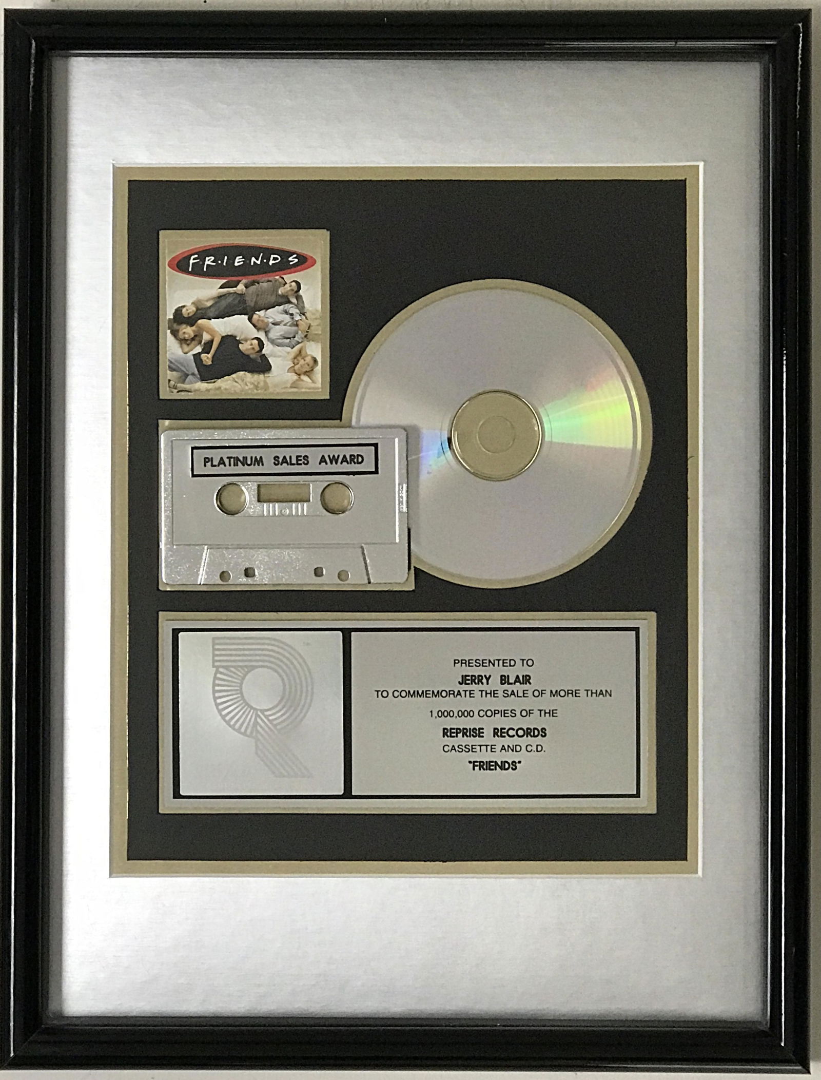 Friends TV Soundtrack RIAA Platinum Award: RIAA Platinum Album award for the soundtrack album of the television series Friends. The group's debut was released on Sept. 26, 1995. It was certified Platinum on Mar. 15, 1996 for one million copies