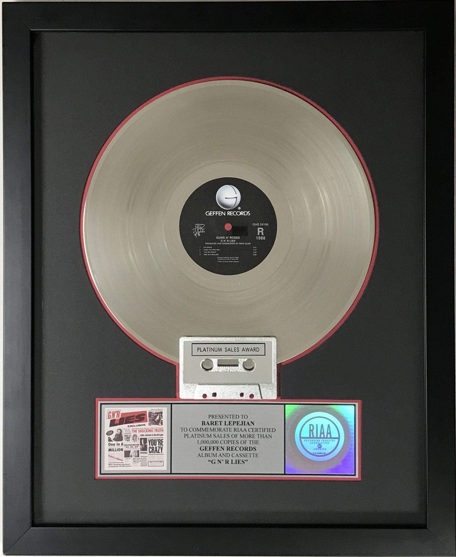 Guns N' Roses GN'R Lies RIAA Platinum LP Award (1 of 6)