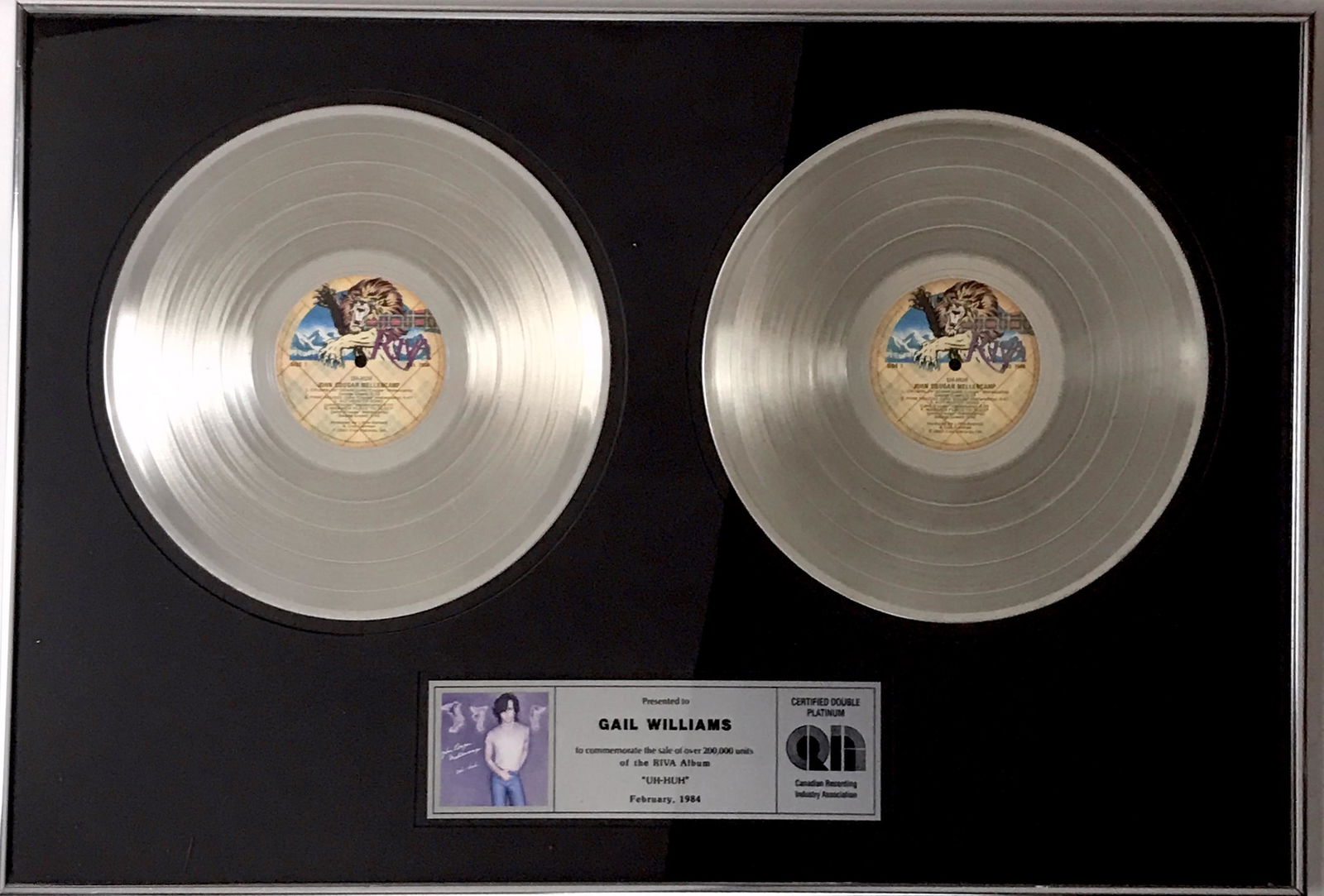 John Mellencamp Uh-Huh CRIA 2x Platinum Award: CRIA 2x Platinum Album award for John Cougar Mellencamp Uh-Huh album. Released in Fall of 1983 Mellencamp's globally successful album was certified 2x Platinum by the CRIA (Canadian Recording Industry