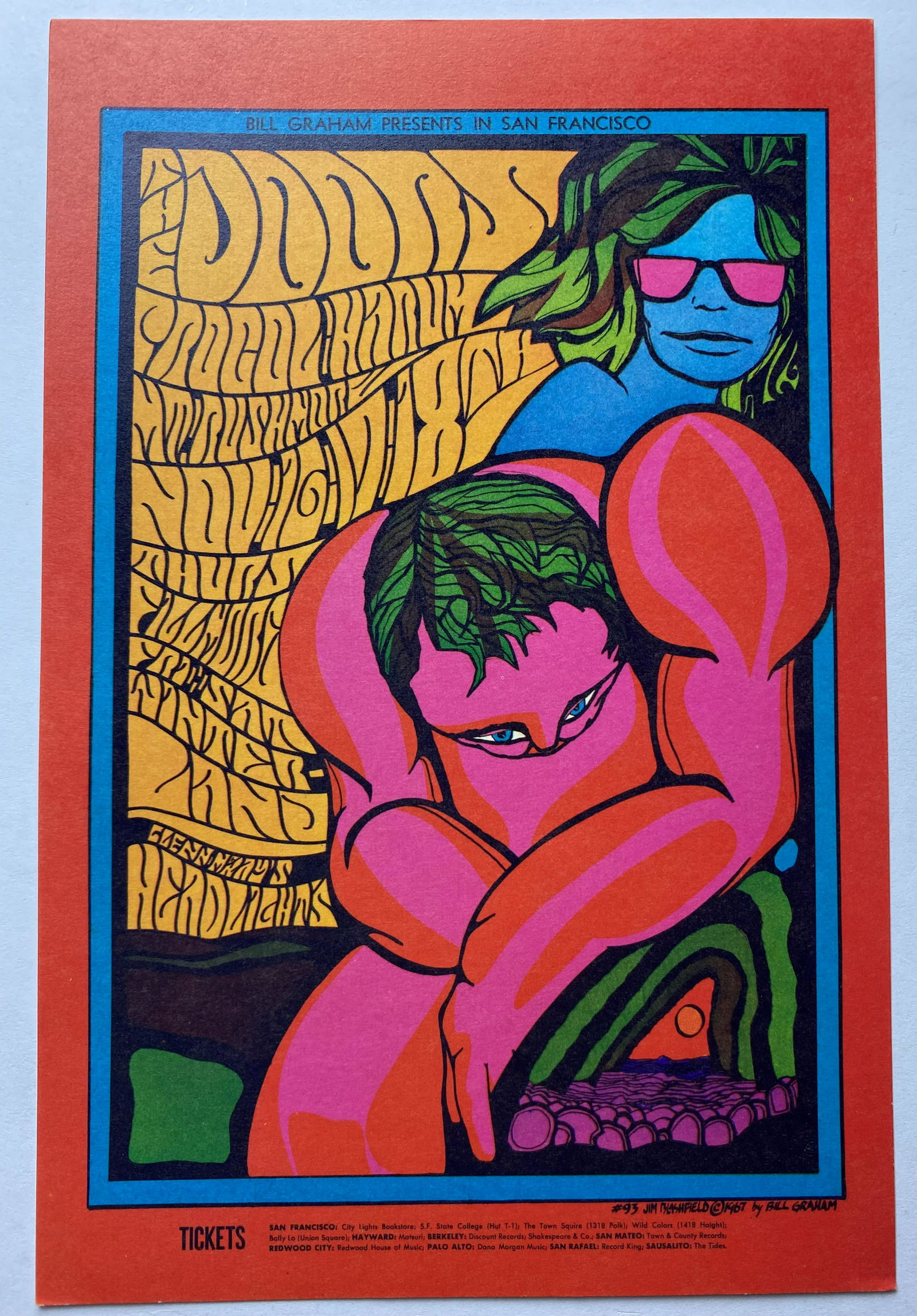 The Doors Fillmore Winterland Handbill BG-93: Handbill features The Doors, Procul Harum, and Mount Rushmore. This is the postcard/handbill version of the poster. Handbill has "Place Stamp Here" on the reverse and is known as Type A. Marked BG-93