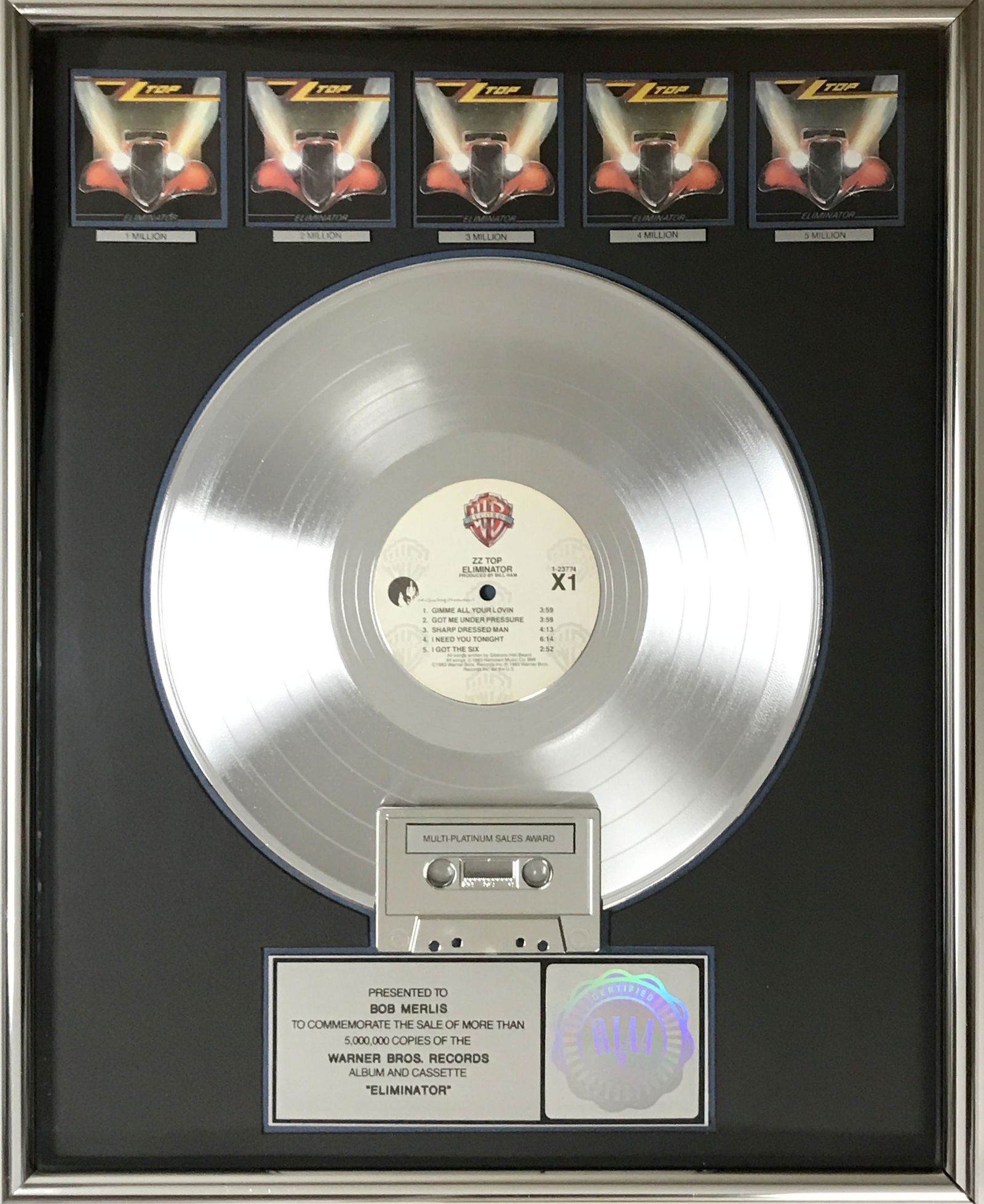 ZZ Top Eliminator RIAA 5x Multi-Platinum Album Award (1 of 7)