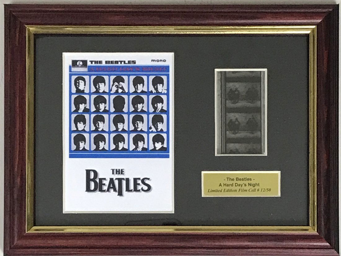 Beatles A Hard Day's Night Film Cel Collage: Unique piece! Beatles Let It Be genuine film cel, framed in a small collage. Featuring iconic image from the film. Framed in a special open-design floater frame with a clear back and front, this small