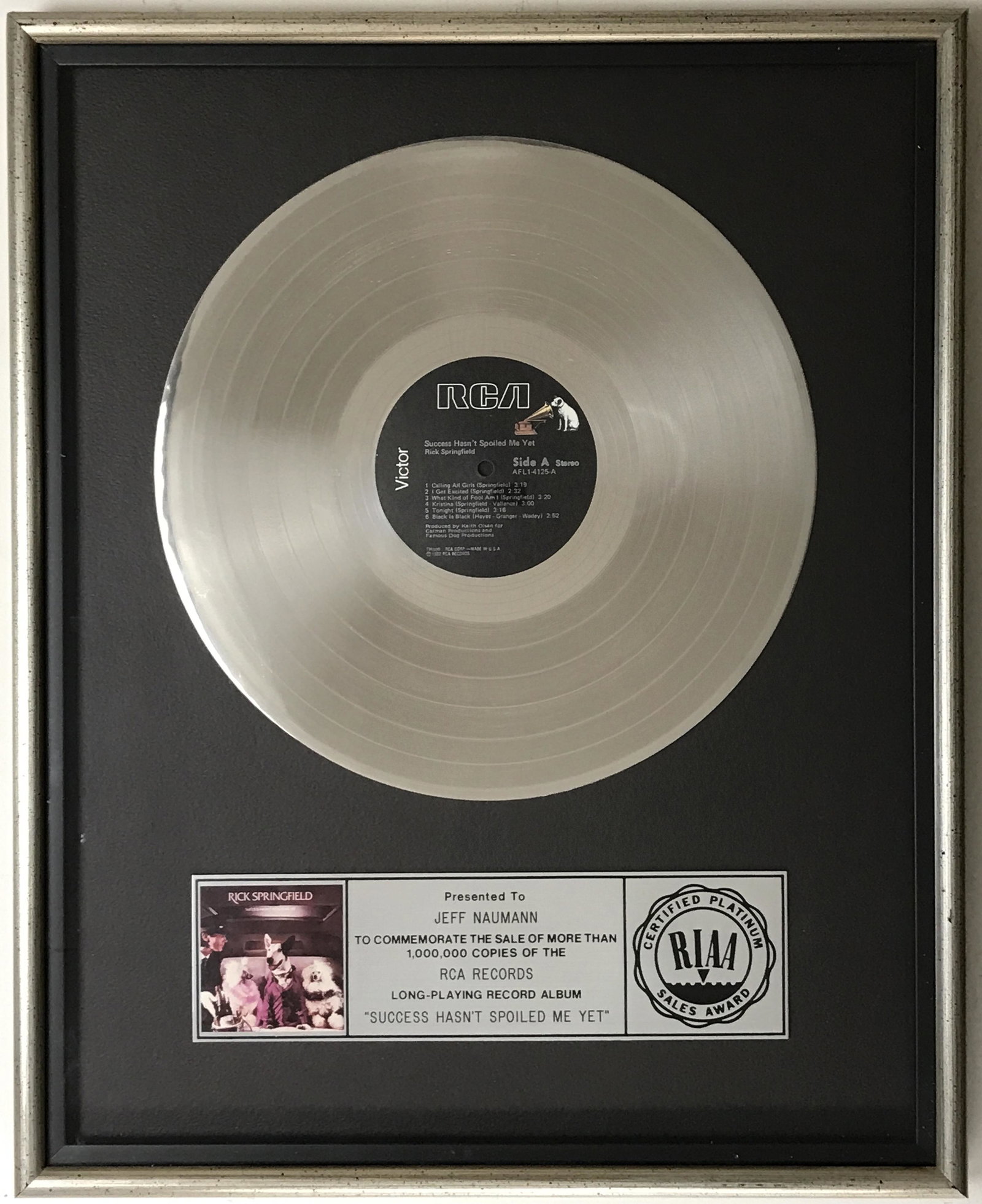 Rick Springfield Success Hasn't Spoiled Me... RIAA Platinum Award (1 of 7)