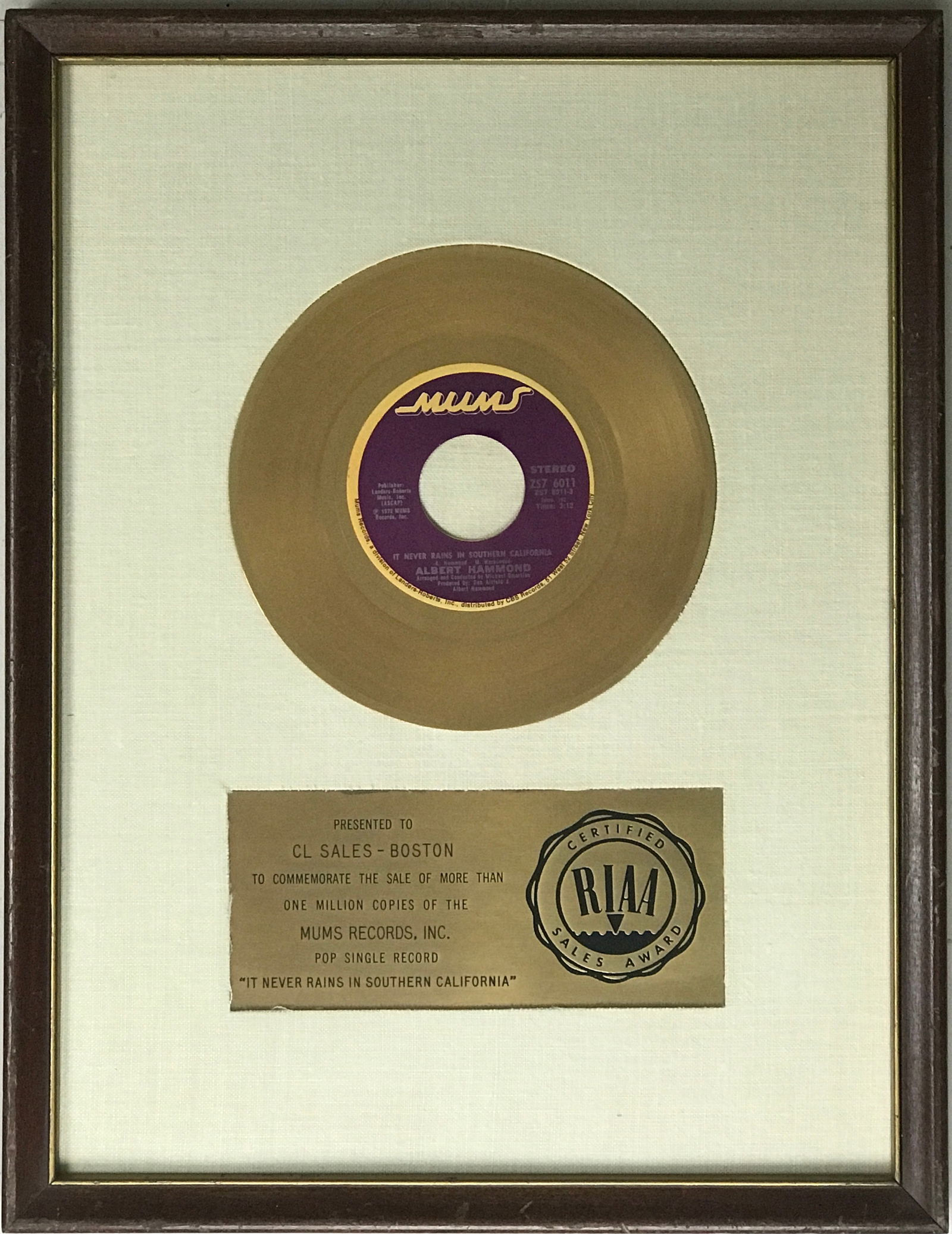 Albert Hammond "It Never Rains In SoCal" RIAA Gold 45 Award (1 of 4)