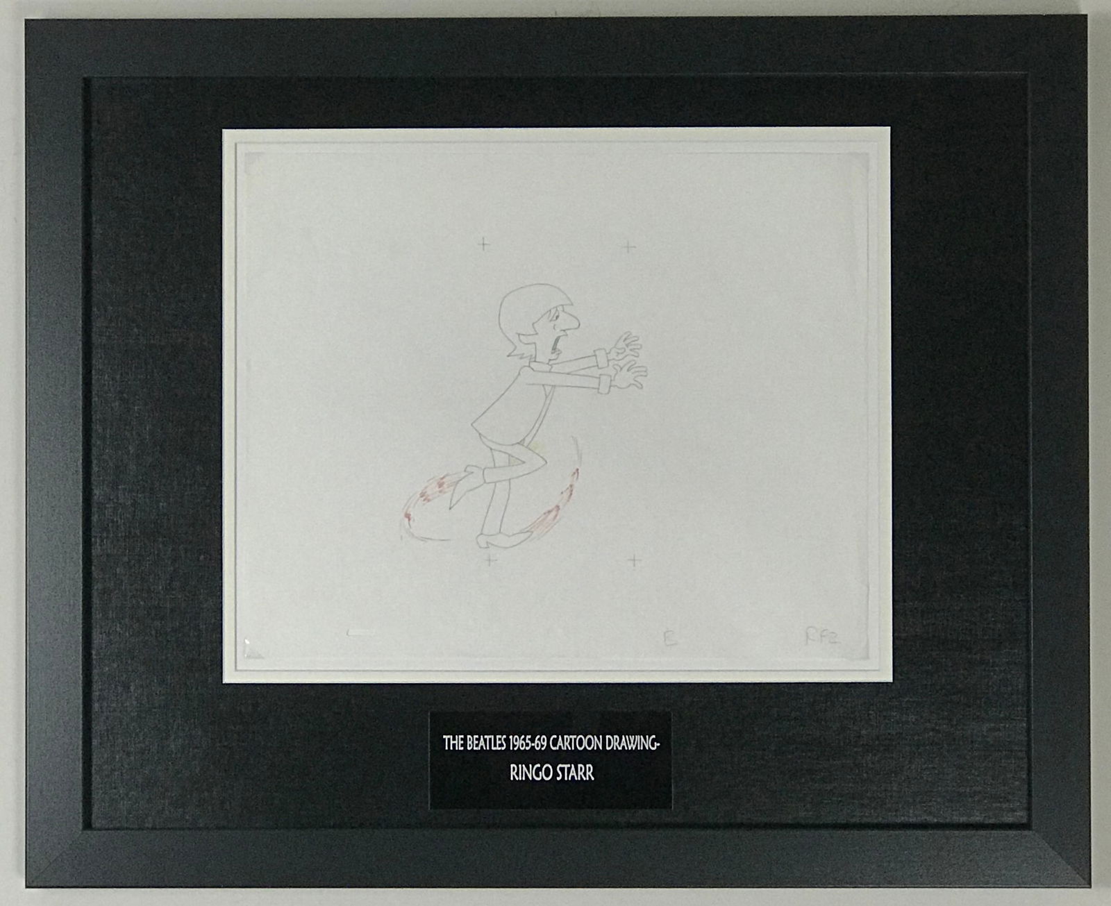 Beatles '60s Cartoon Cel Ringo Starr Drawing: (CLOSE UP PHOTOS ADDED to this listing on Aug. 2, '23) Framed original hand drawn sketch by Dennis Hunt made for The Beatles 1965-69 cartoon series, this one depicting Ringo Starr. The animator has co