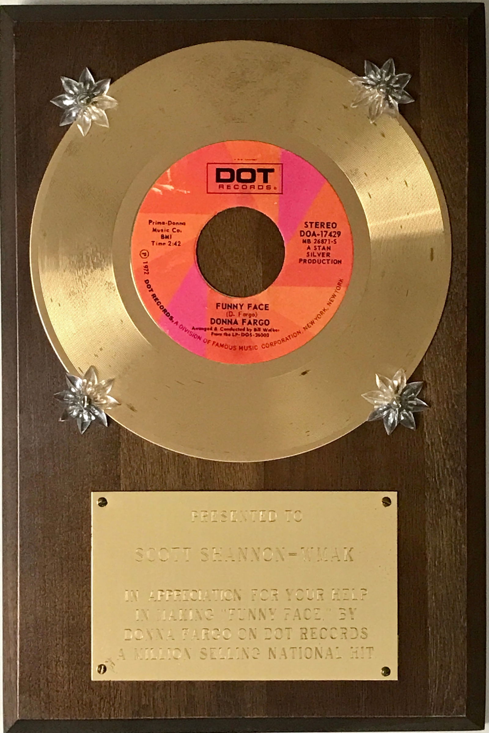 Donna Fargo "Funny Face" 1972 Dot Records 45 Award (1 of 6)